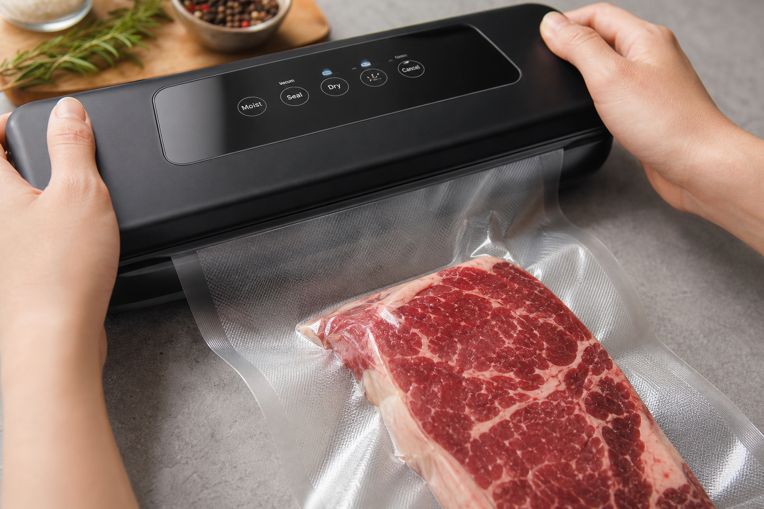 Hands vacuum sealing a steak in plastic bag with machine