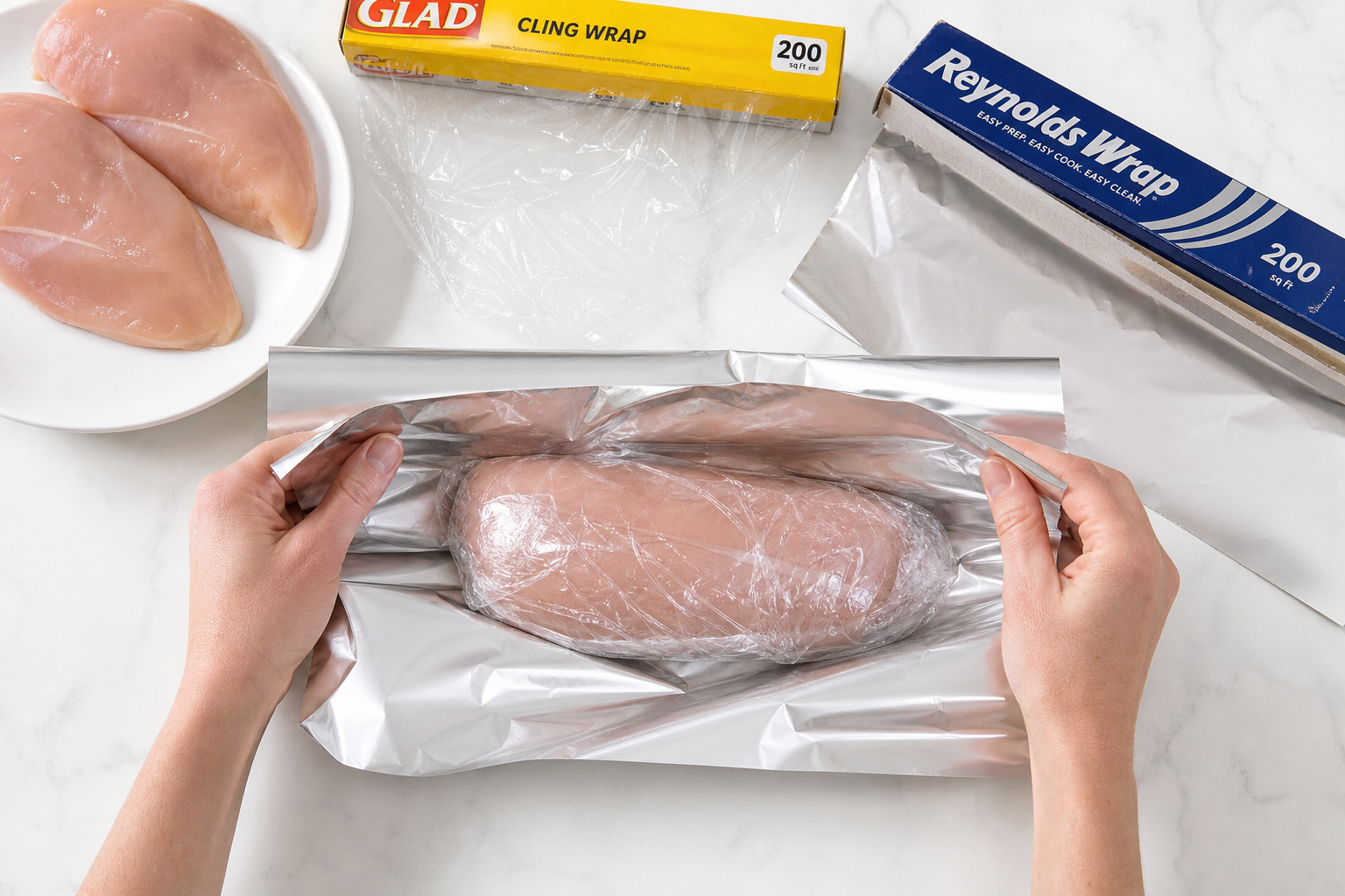Chicken being wrapped in plastic wrap and aluminum foil layers