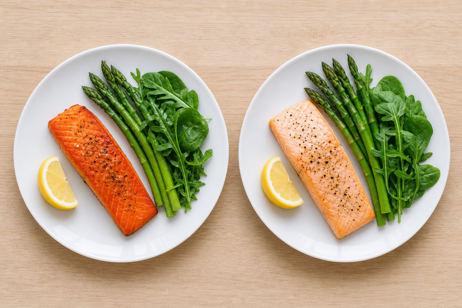 Overhead view of plated wild and farm-raised salmon portions with fresh vegetables for nutrition comparison