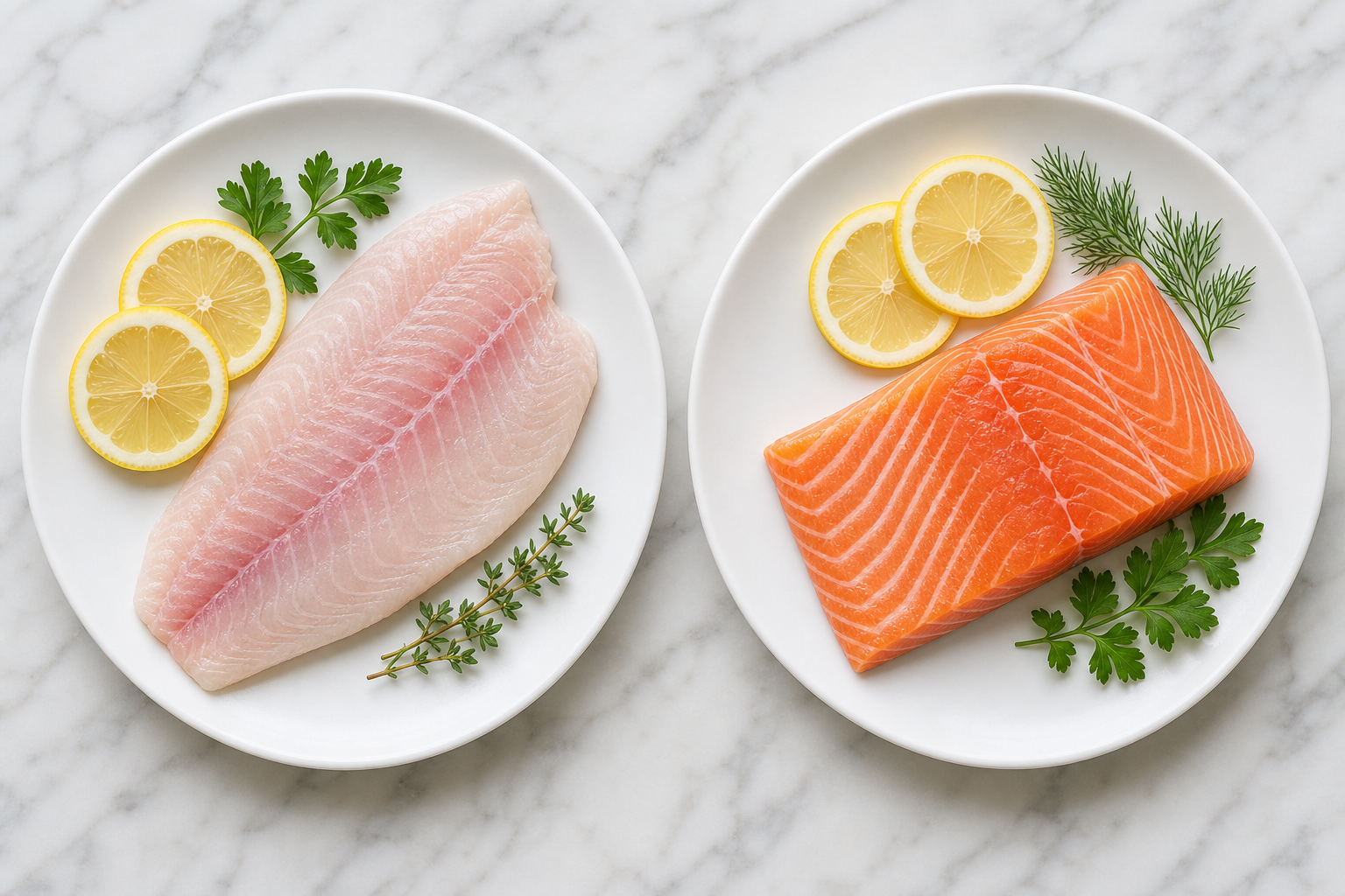 Tilapia vs Salmon: Price, Nutrition & When to Choose Each 7 Side-by-side comparison of raw tilapia and salmon fillets on white plates