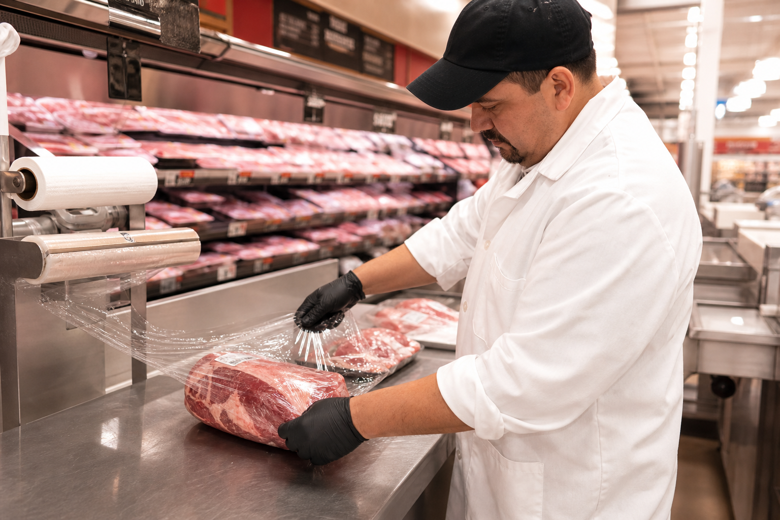 Butcher in white coat wrapping fresh meat at warehouse store butcher counter