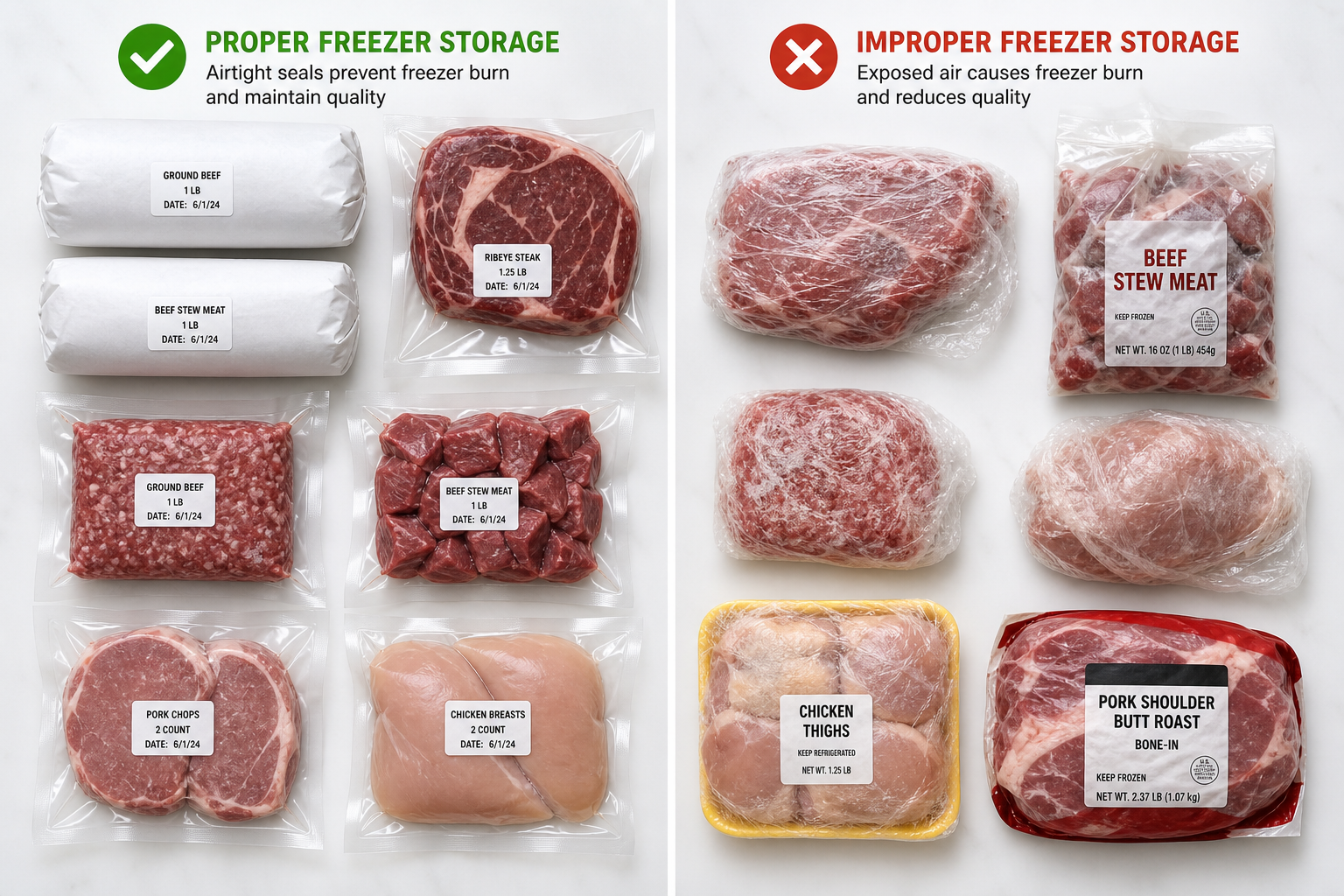 Comparison of proper freezer packaging with vacuum-sealed bags versus improper loose plastic wrap for meat storage