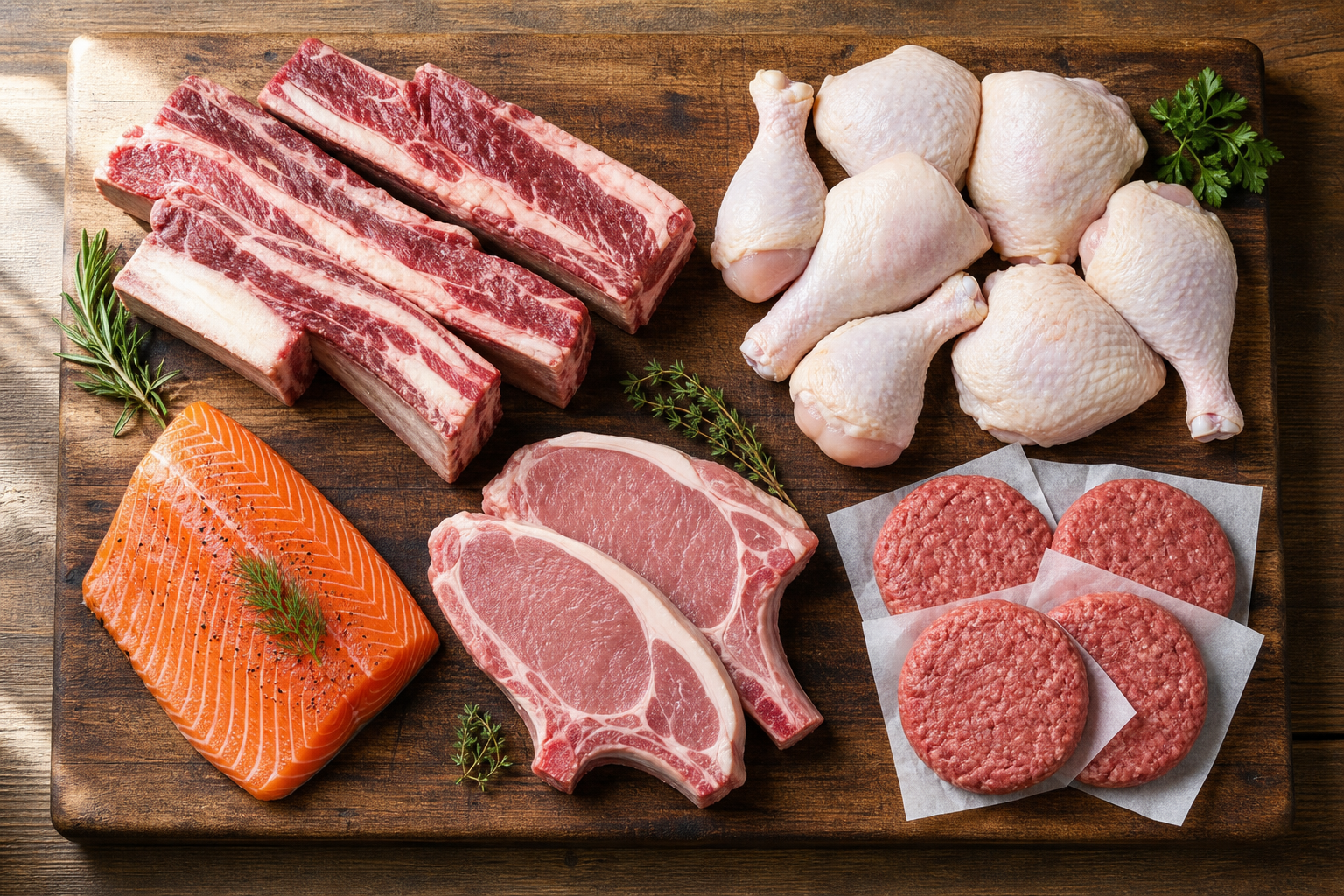 How Much Meat Per Person for a BBQ: Complete Guide 6 Assorted raw BBQ meats including beef, chicken, pork, and fish arranged on wooden cutting board