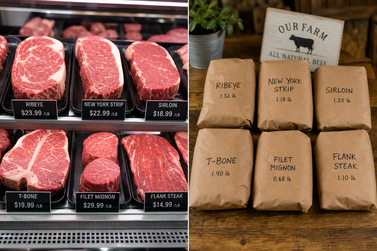 Buying a Half Cow: Cost Breakdown and What to Expect 9 Side-by-side comparison of grocery store beef versus farm-bought beef packages