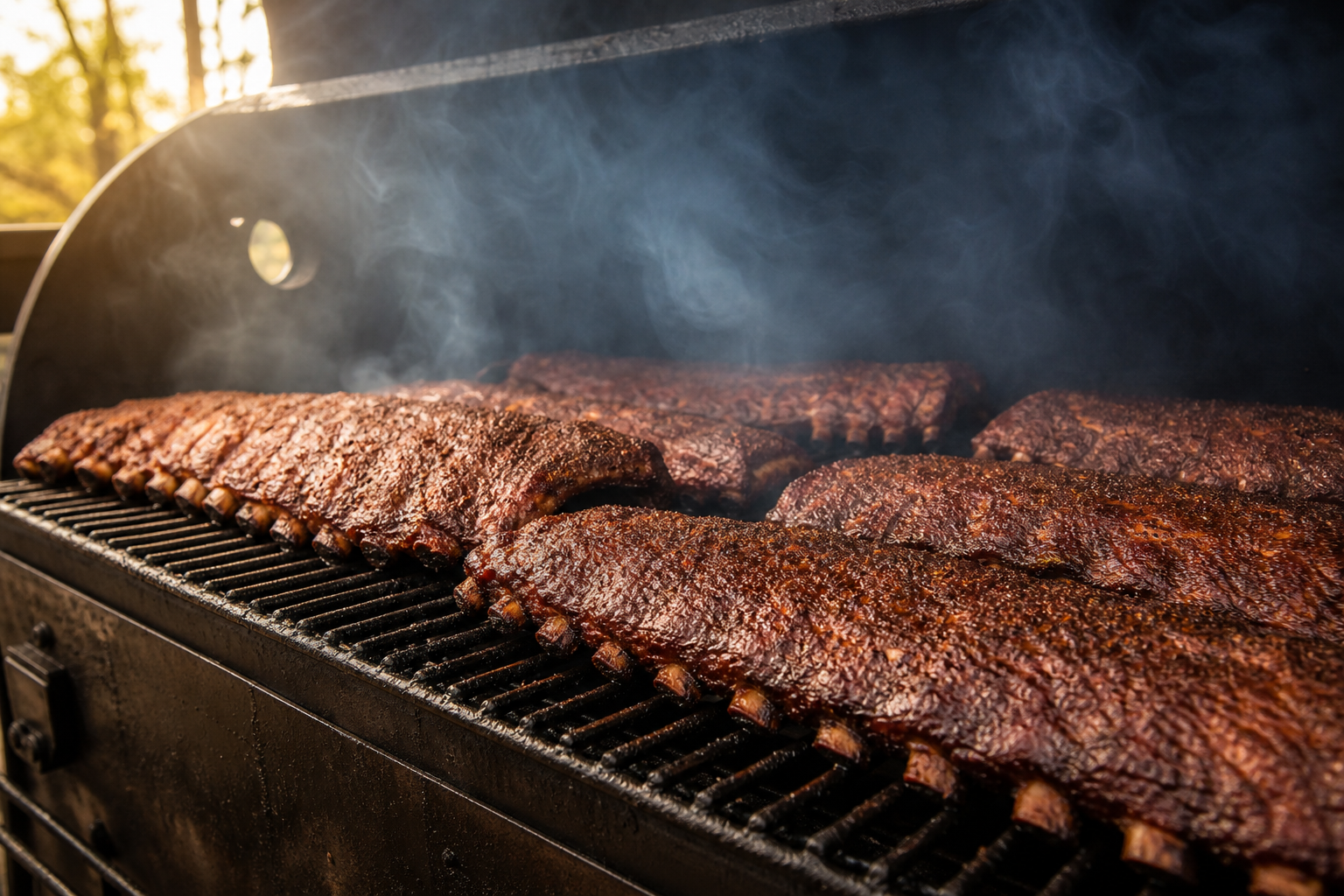 Seasoned ribs on smoker grates with smoke during the first phase of cooking