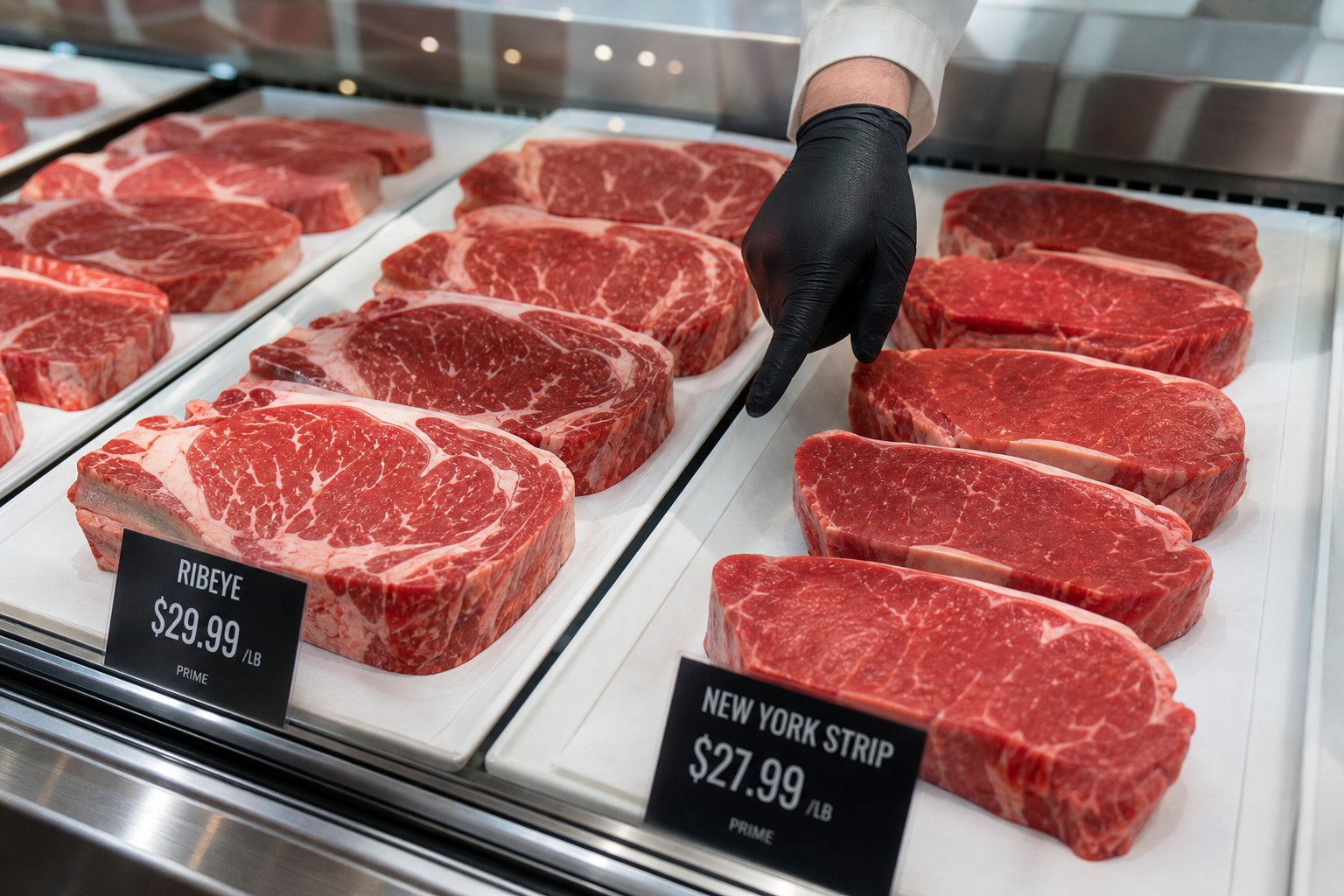 Ribeye vs New York Strip: Fat, Tenderness & Price Compared 9 Butcher counter display showing fresh ribeye and New York strip steaks with butcher assisting customer
