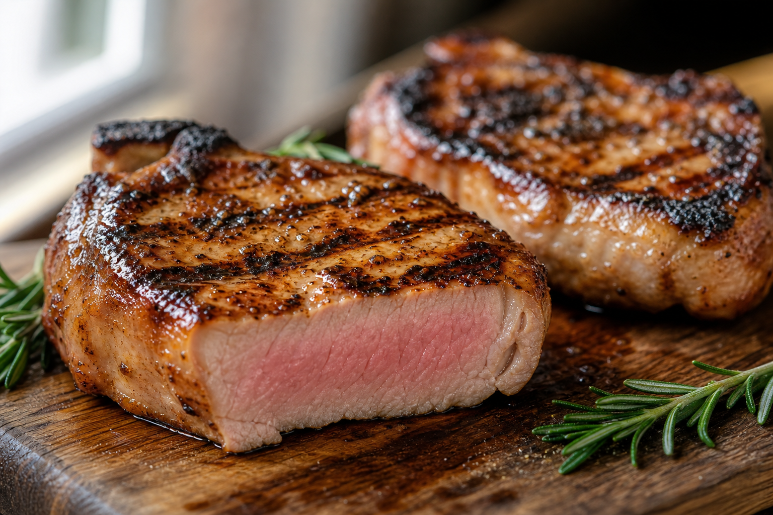 Best Affordable Meat Cuts for Your Air Fryer 7 Air-fried pork chops with golden crust on wooden cutting board showing juicy interior