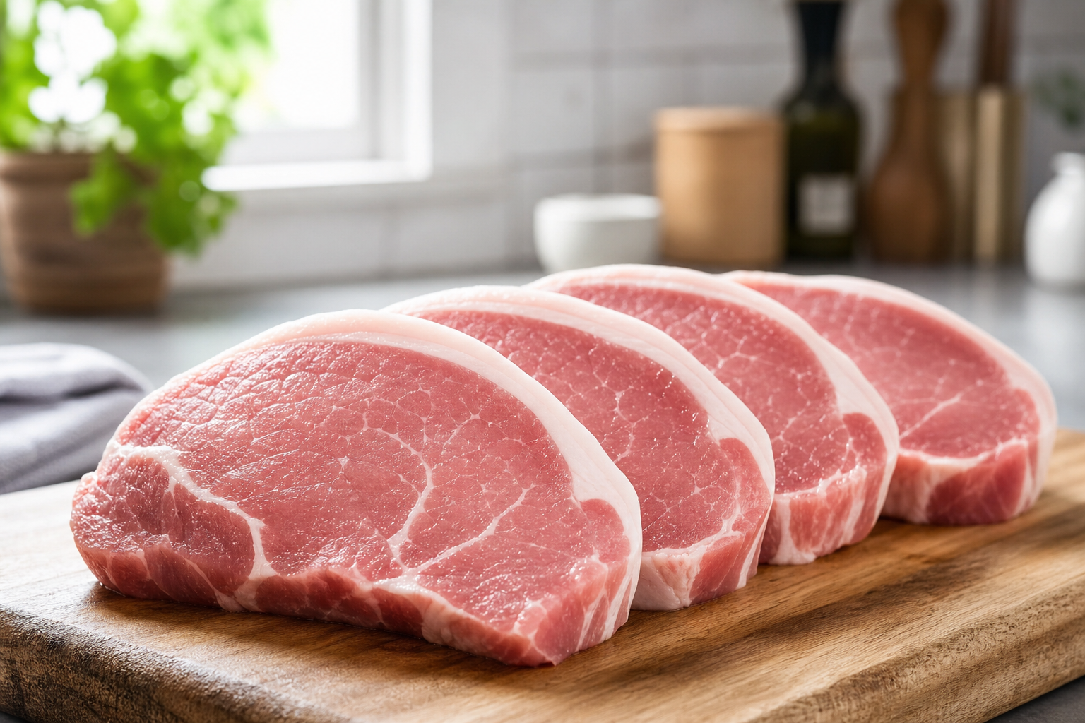 Fresh pork chops displaying healthy pink color and proper texture on wooden cutting board