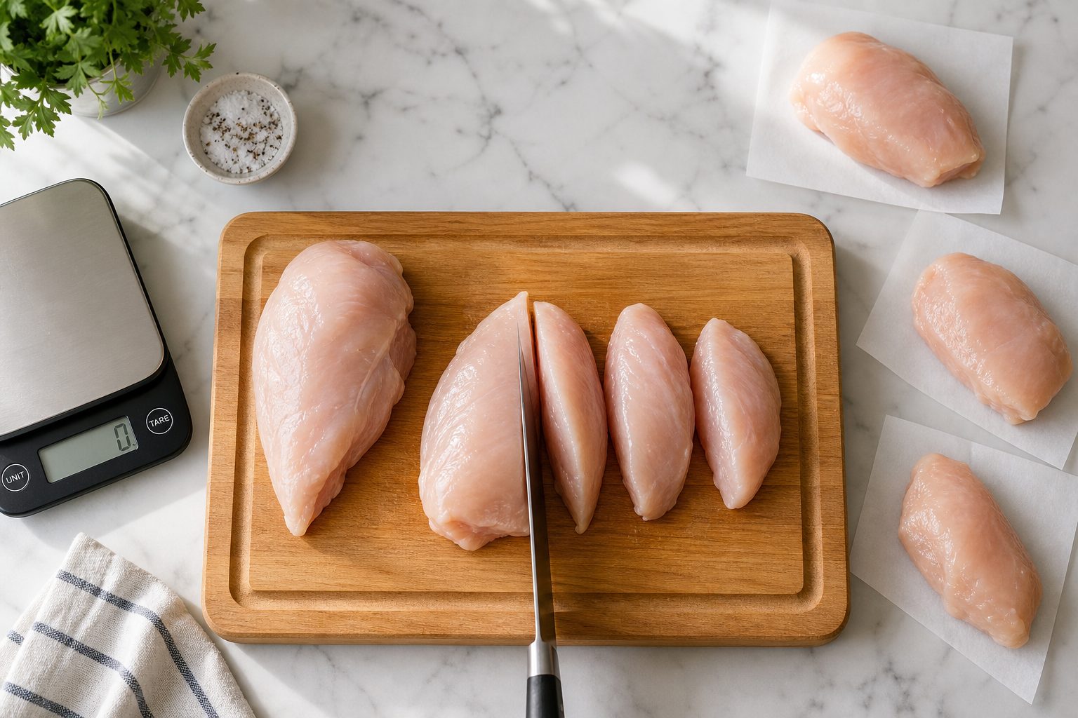 Raw chicken breasts being portioned into individual servings on a cutting board