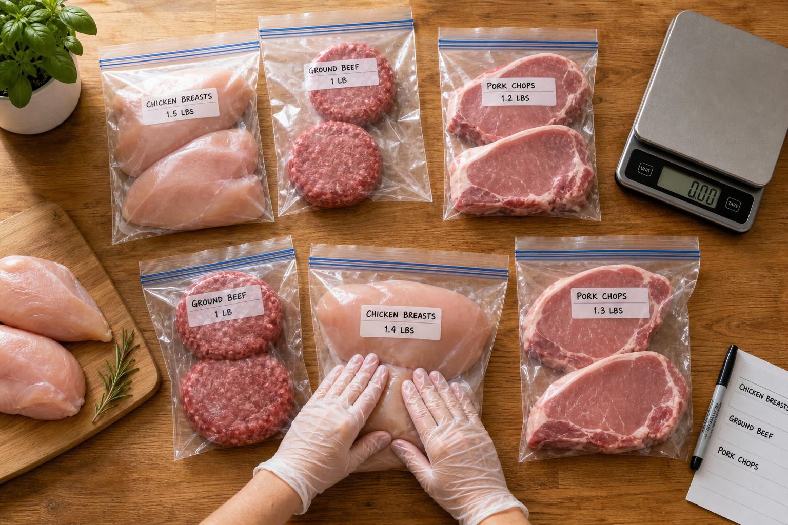 How to Freeze Bulk Meat Without Waste: 3 Essential Steps 6 Hands portioning raw meat into individual freezer bags on kitchen counter