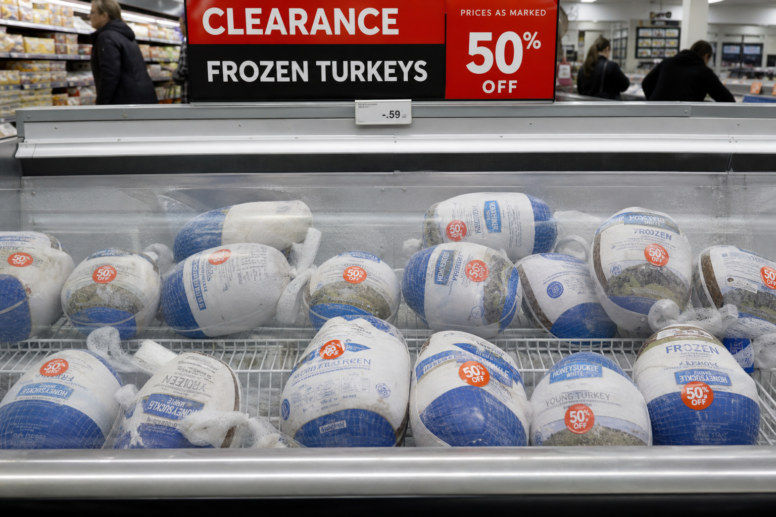 Grocery store freezer section with clearance turkeys after Thanksgiving