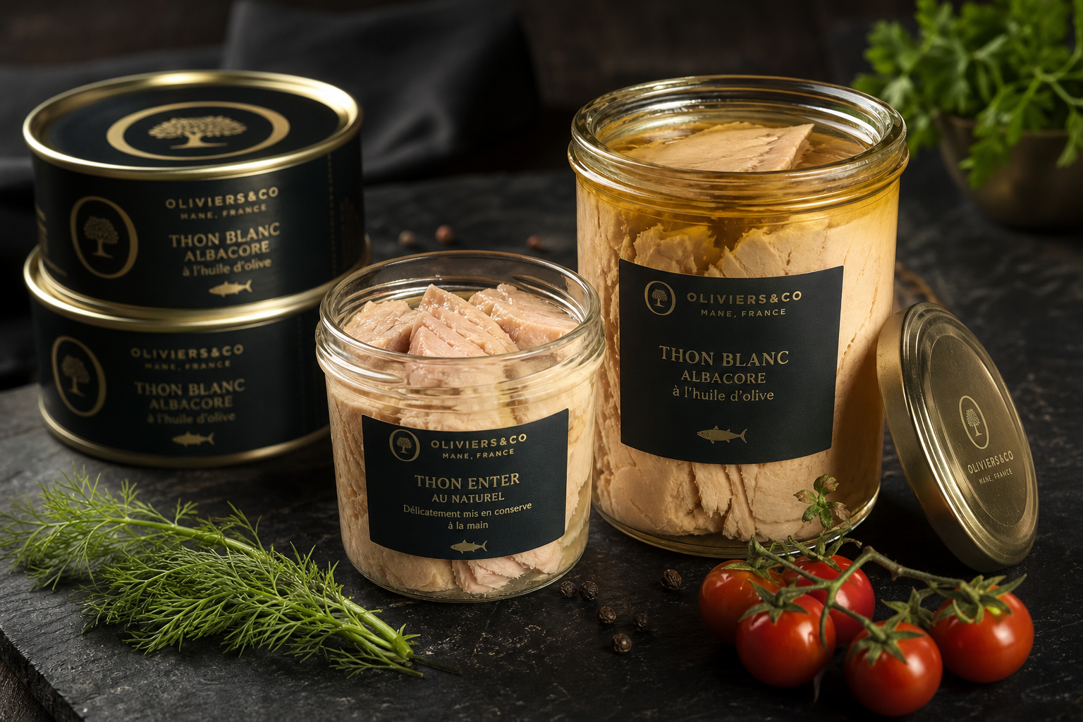 Premium canned tuna products in elegant packaging with olive oil and artisanal presentation on dark surface