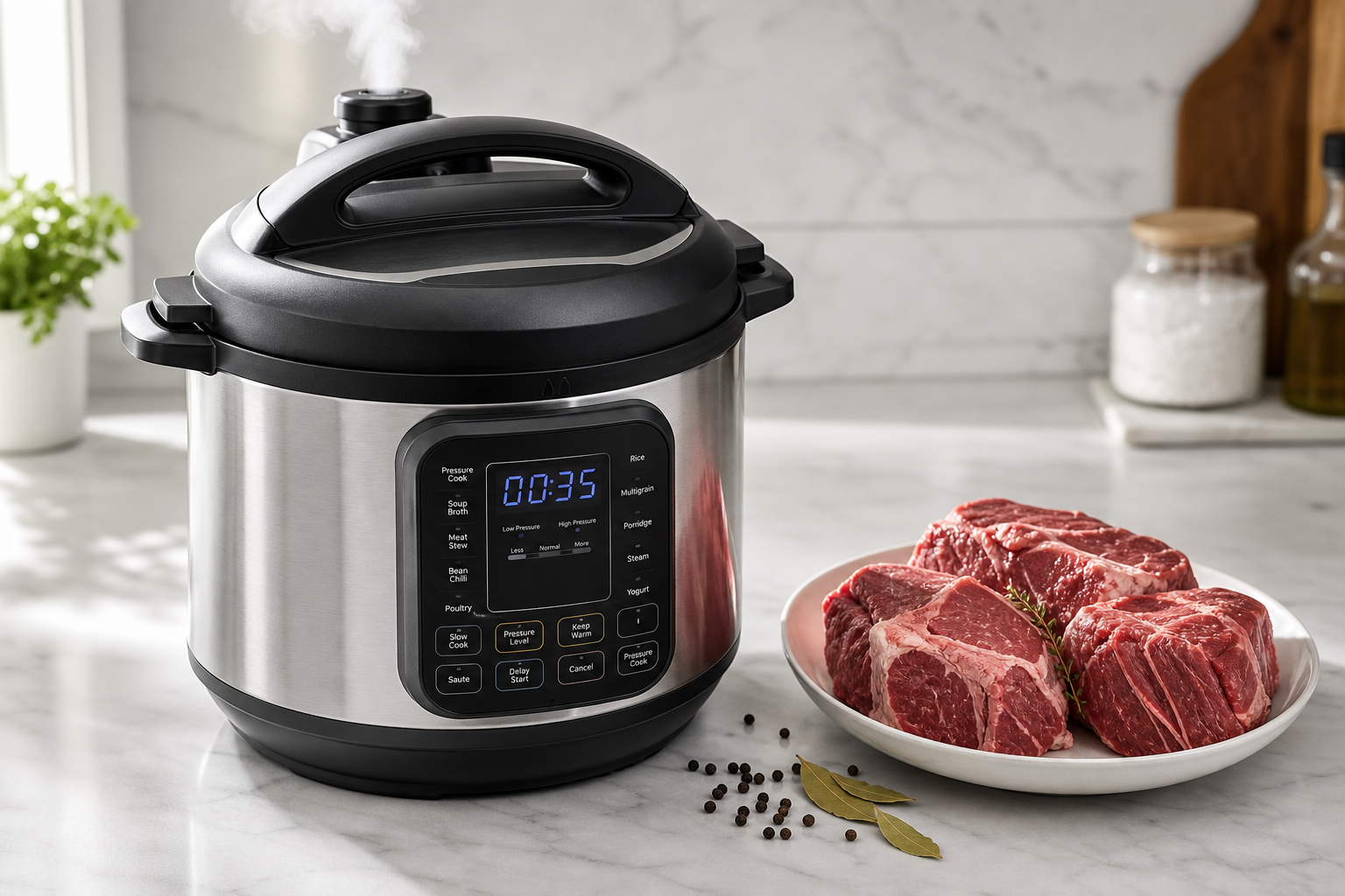 Electric pressure cooker with raw beef chuck and seasonings on marble counter