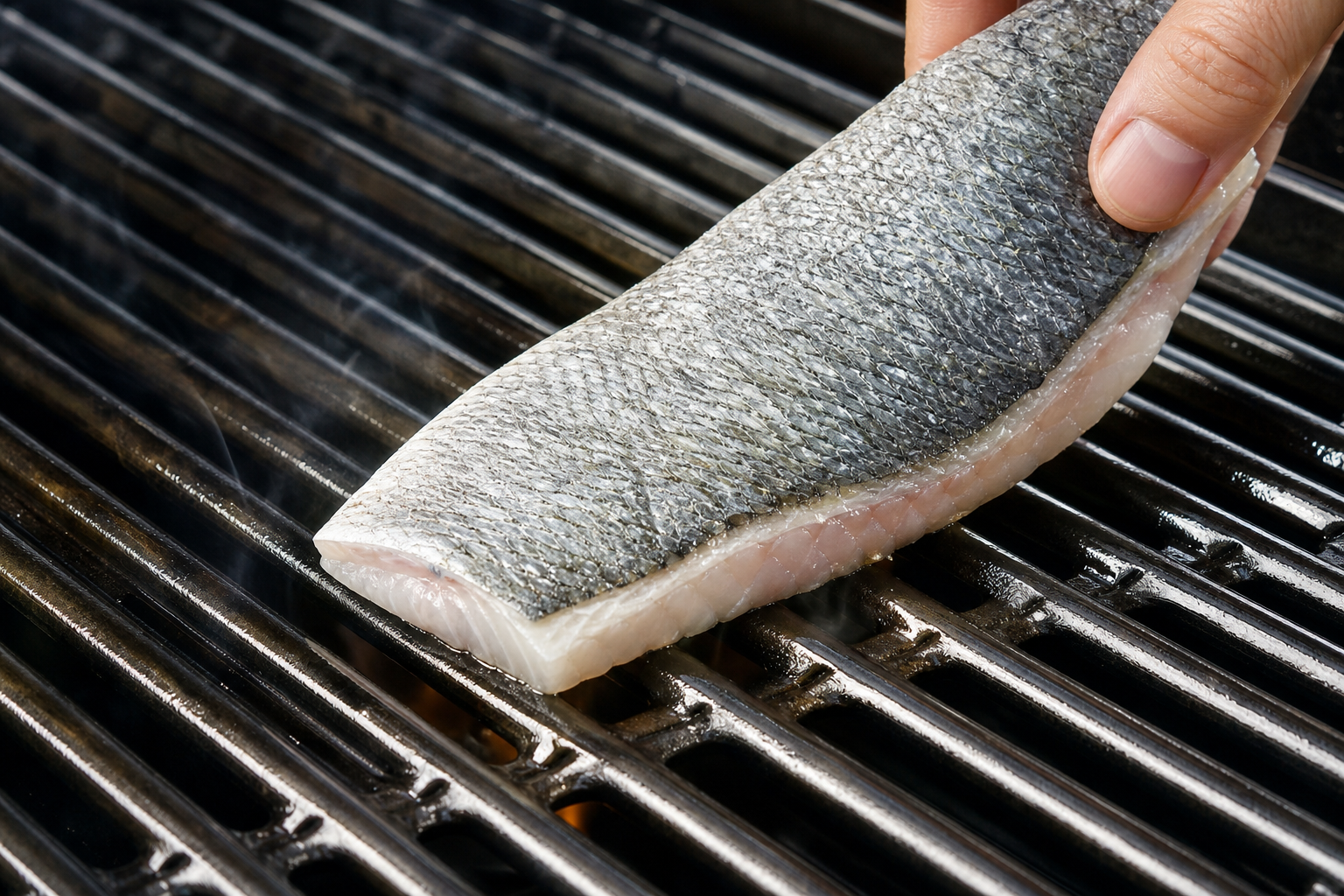 Fish fillet being placed on oiled grill grates to prevent sticking