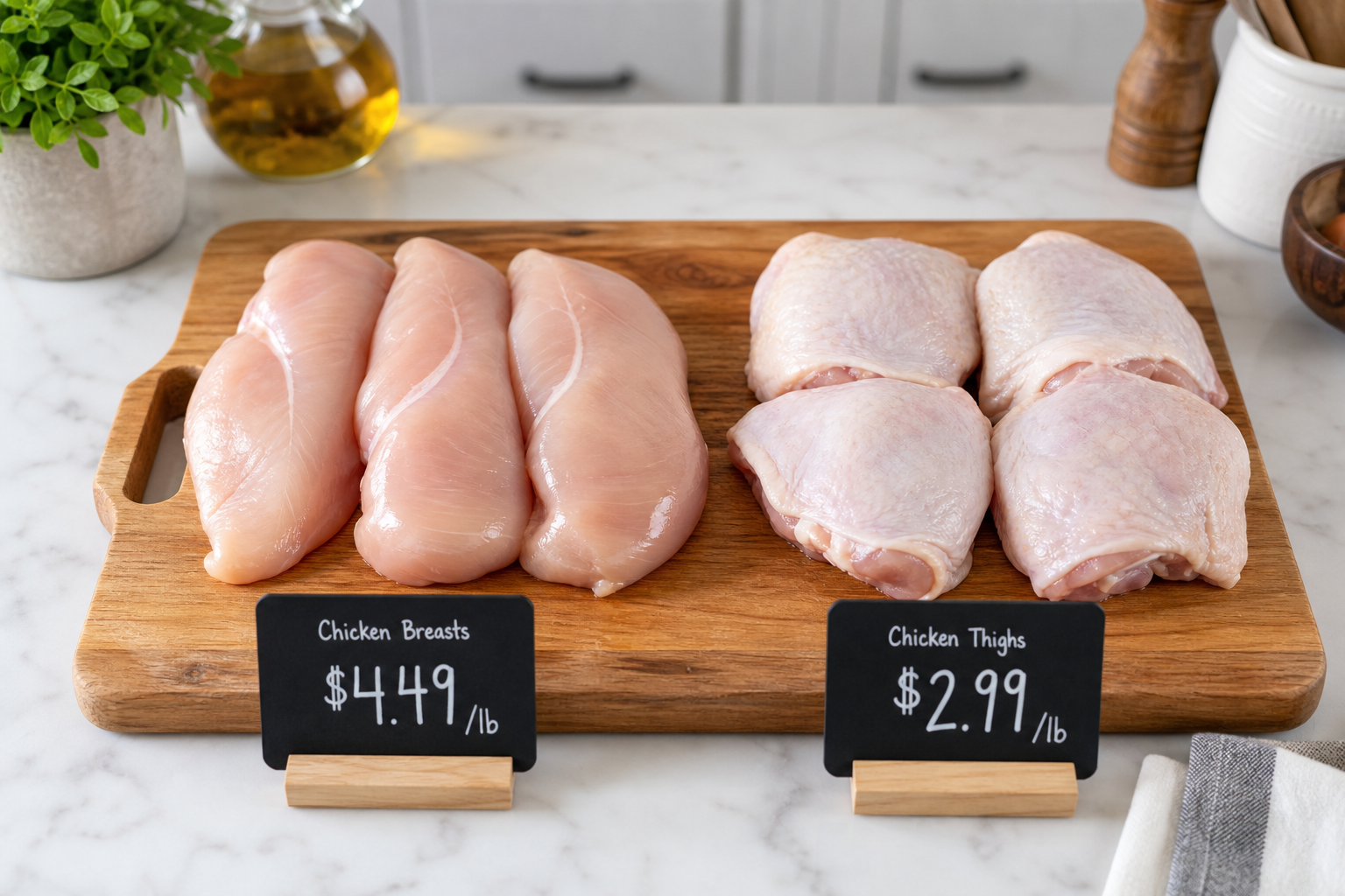 Chicken Breast vs Thigh: Price, Protein & Value Comparison 6 Chicken breast and chicken thighs side by side with price comparison on cutting board