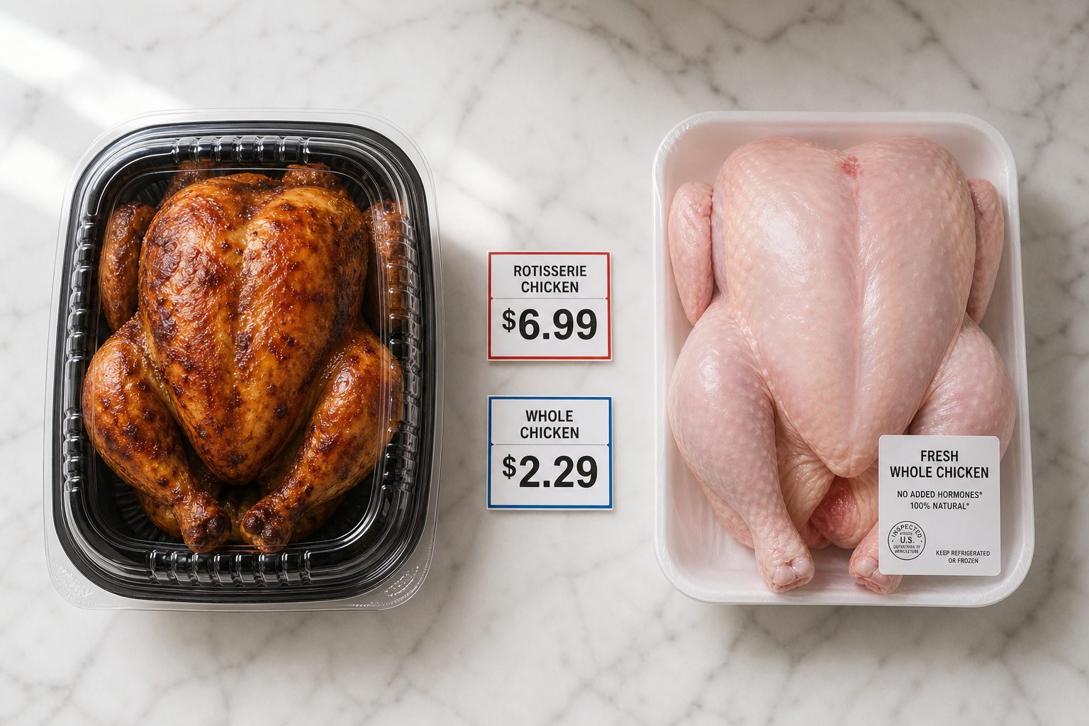 Costco Rotisserie Chicken vs Raw: Which Is the Better Deal? 5 Costco rotisserie chicken and raw chicken side by side with price comparison
