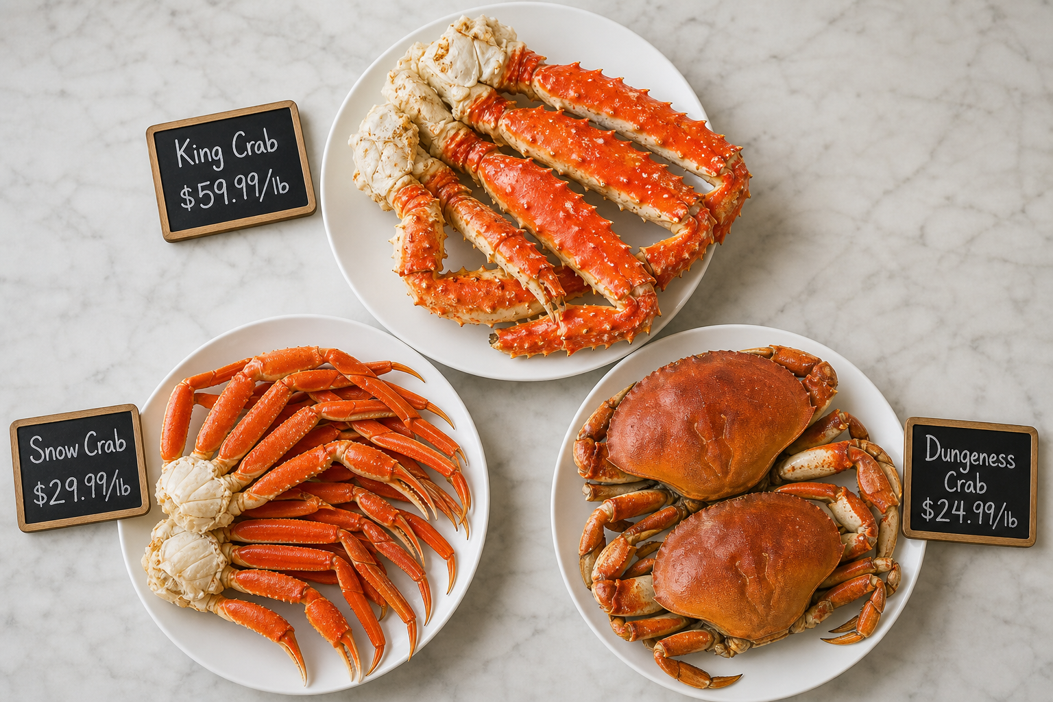Three plates displaying king crab, snow crab, and Dungeness crab with price tags for comparison