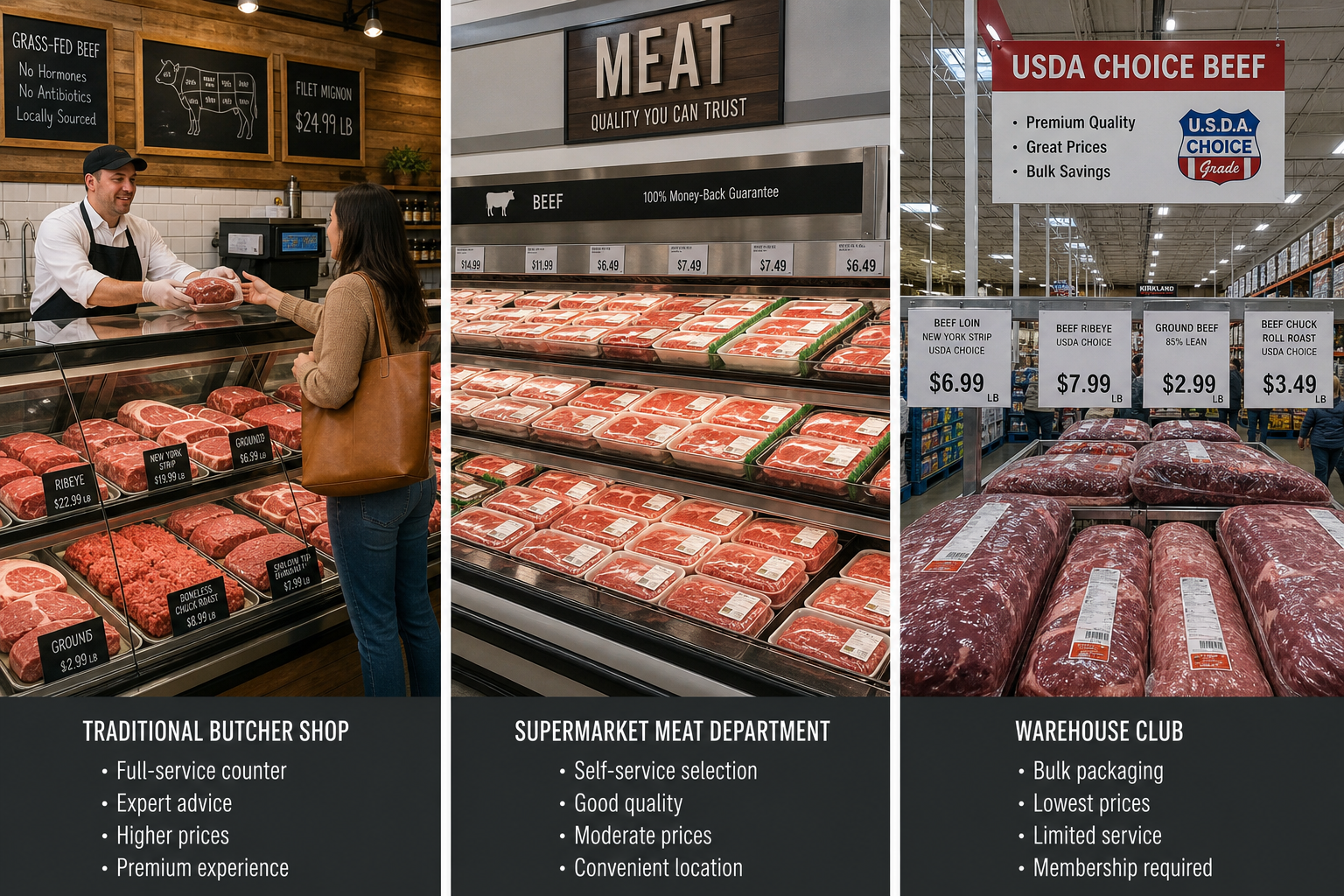 Comparison of meat shopping environments in butcher shop, supermarket, and warehouse store