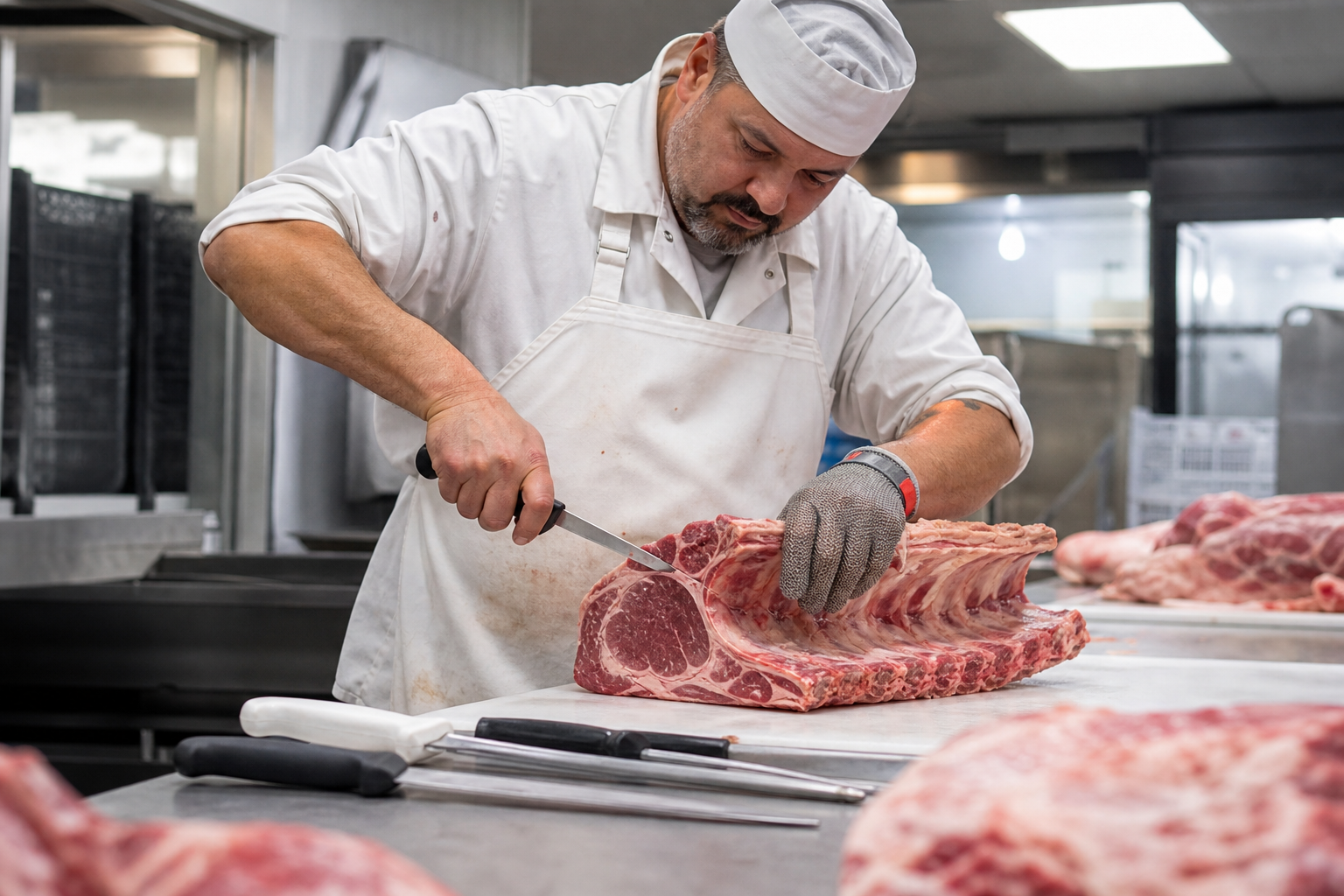 Professional butcher carefully processing meat cuts on a commercial cutting table