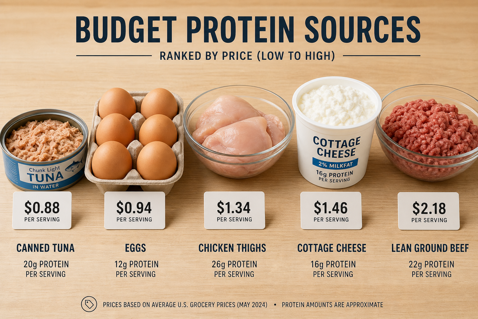 Various affordable protein sources arranged with price tags showing cost comparison