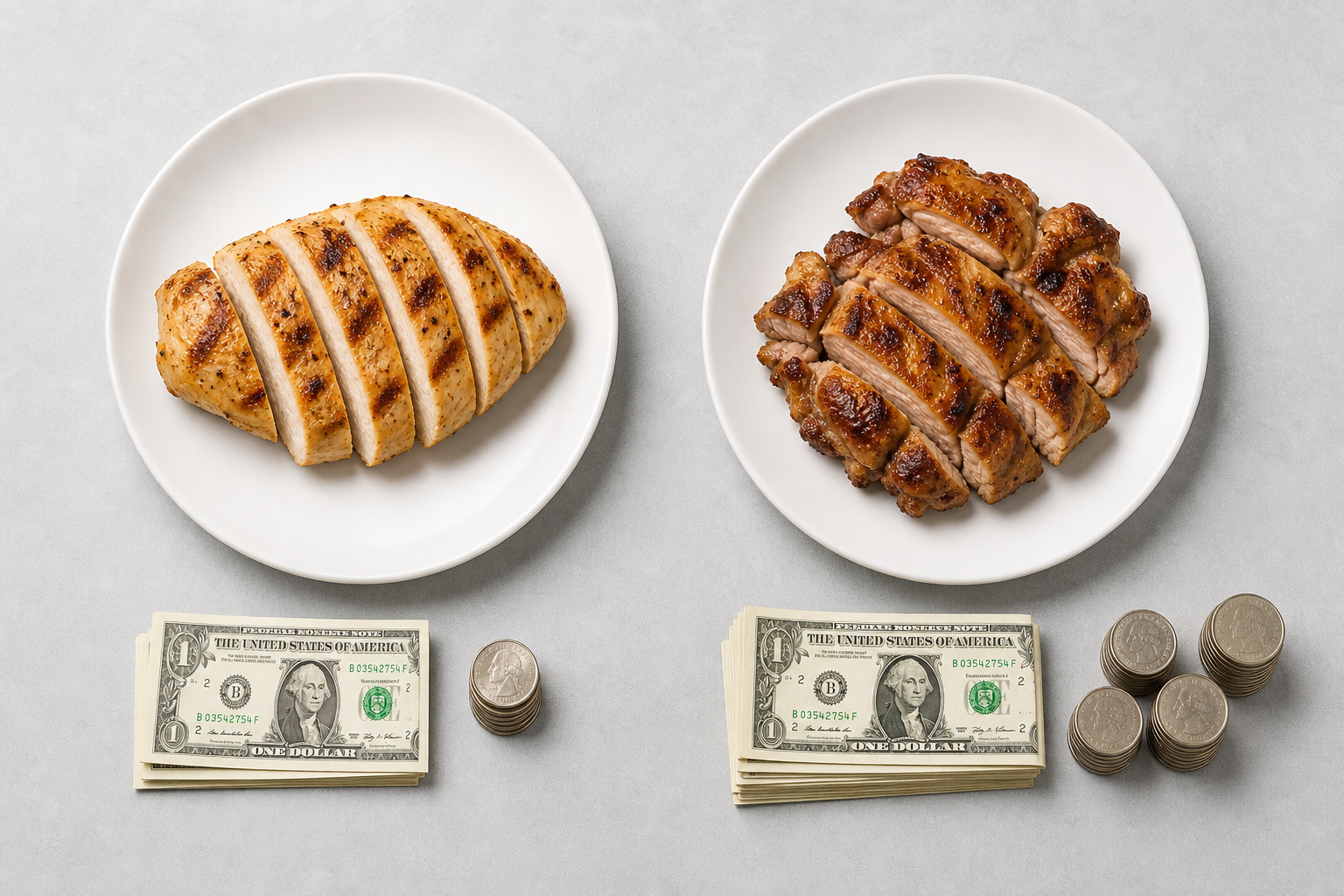 Chicken Breast vs Thigh: Price, Protein & Value Comparison 7 Cooked chicken breast and thigh portions on plates with money showing protein per dollar value