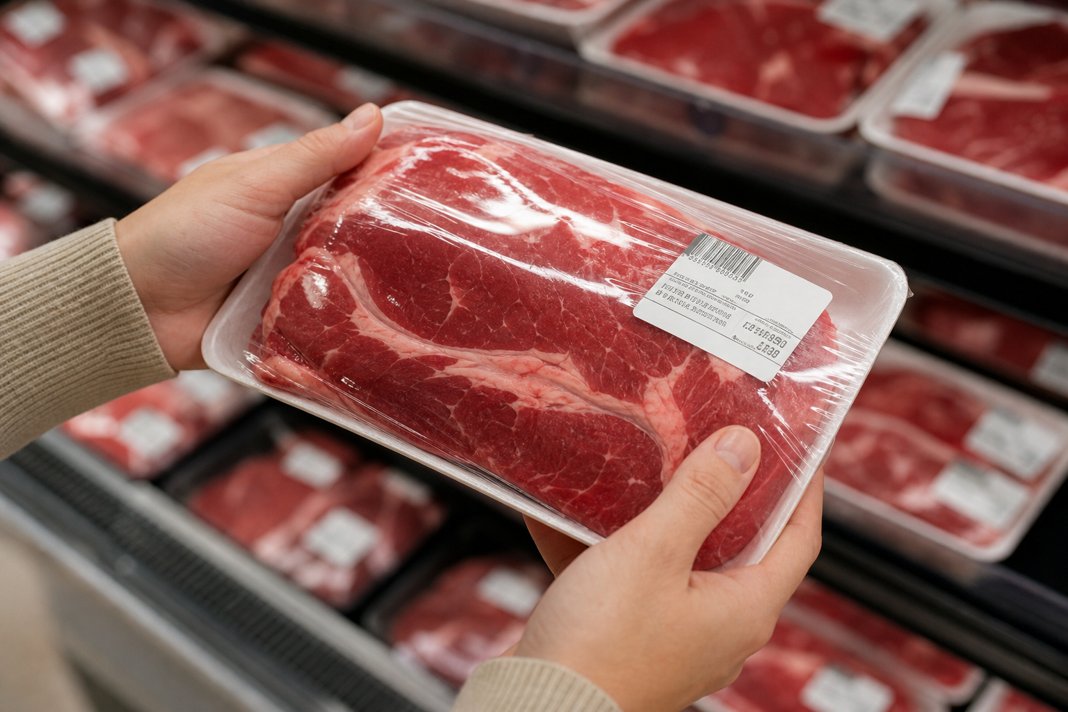 Best Walmart Meat Deals: How to Save on Chicken, Beef & Pork 7 Shopper's hands inspecting packaged meat for quality in store
