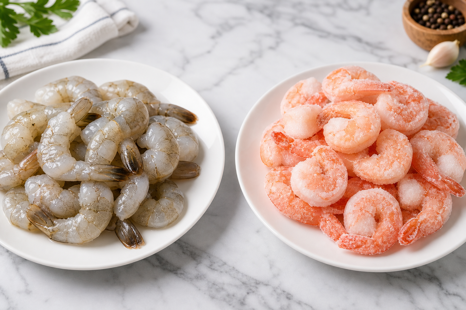 Side-by-side comparison of store-bought fresh shrimp and frozen shrimp on white plates