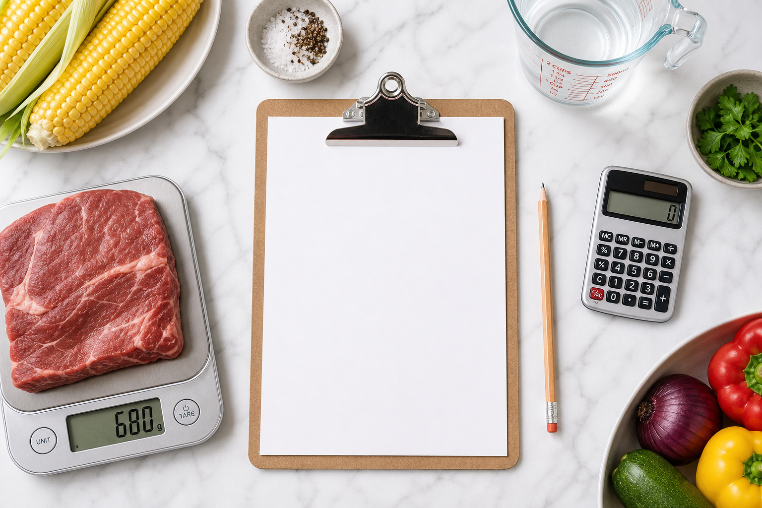 How Much Meat Per Person for a BBQ: Complete Guide 8 BBQ planning layout with clipboard, kitchen scale, and fresh ingredients on marble counter