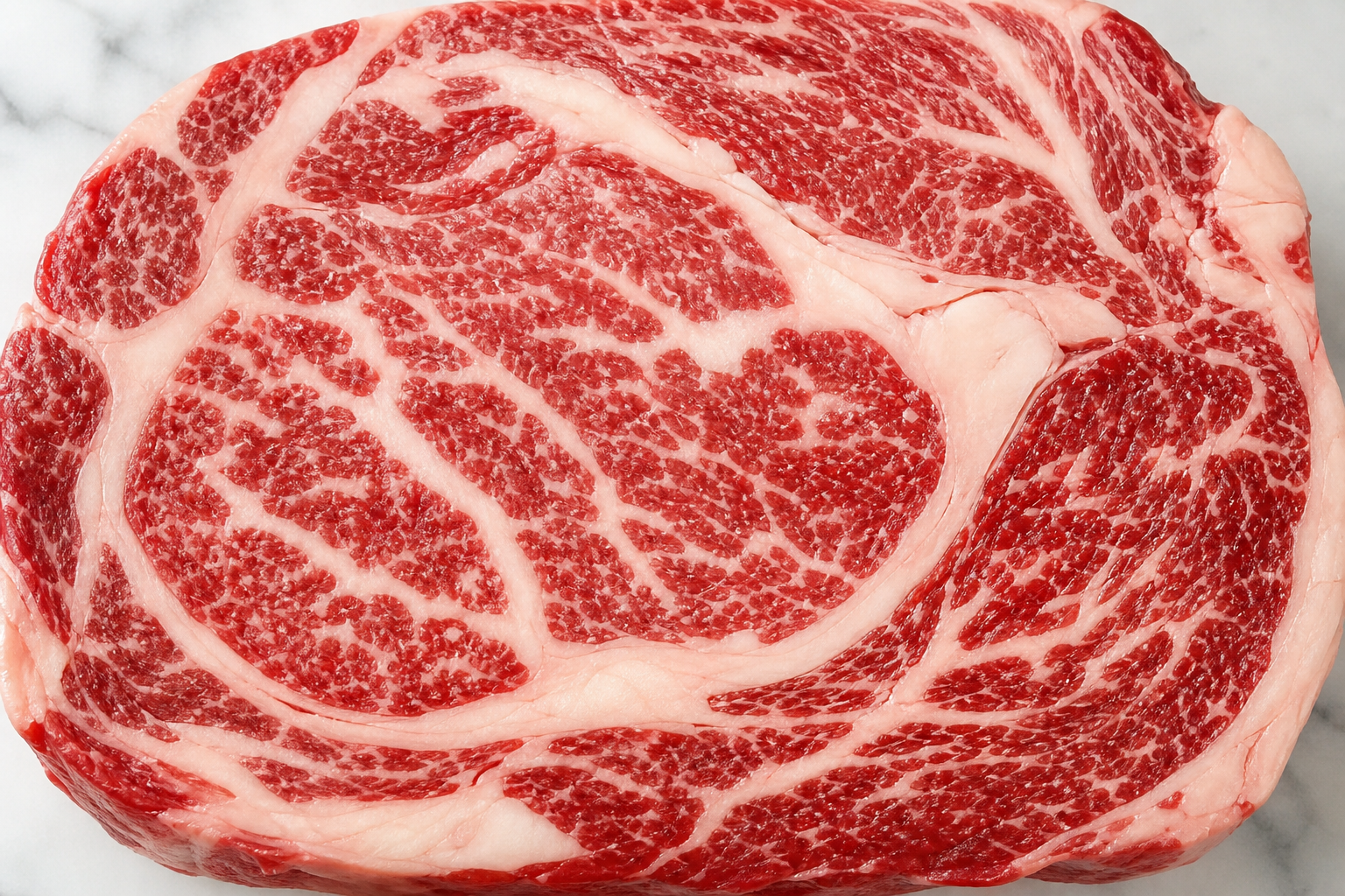 Close-up of raw ribeye steak showing detailed marbling pattern with white fat throughout red meat