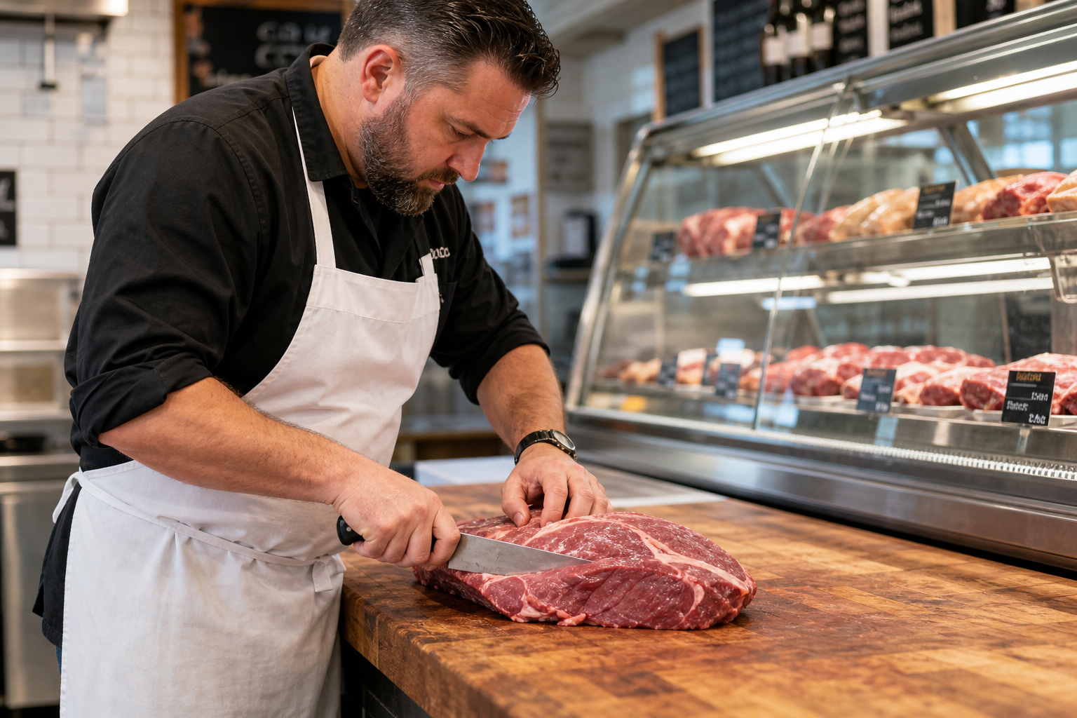 How to Shop at a Butcher Shop: A Beginner's Guide 7 Professional butcher preparing a custom cut of meat at a butcher shop counter