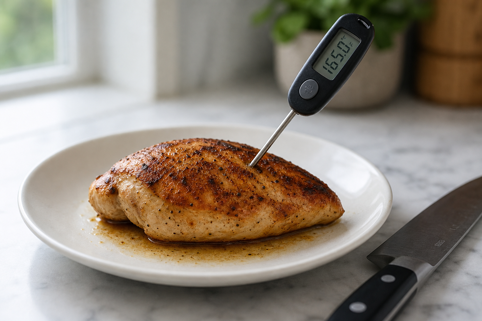 Cooked chicken breast resting on plate with thermometer before cutting