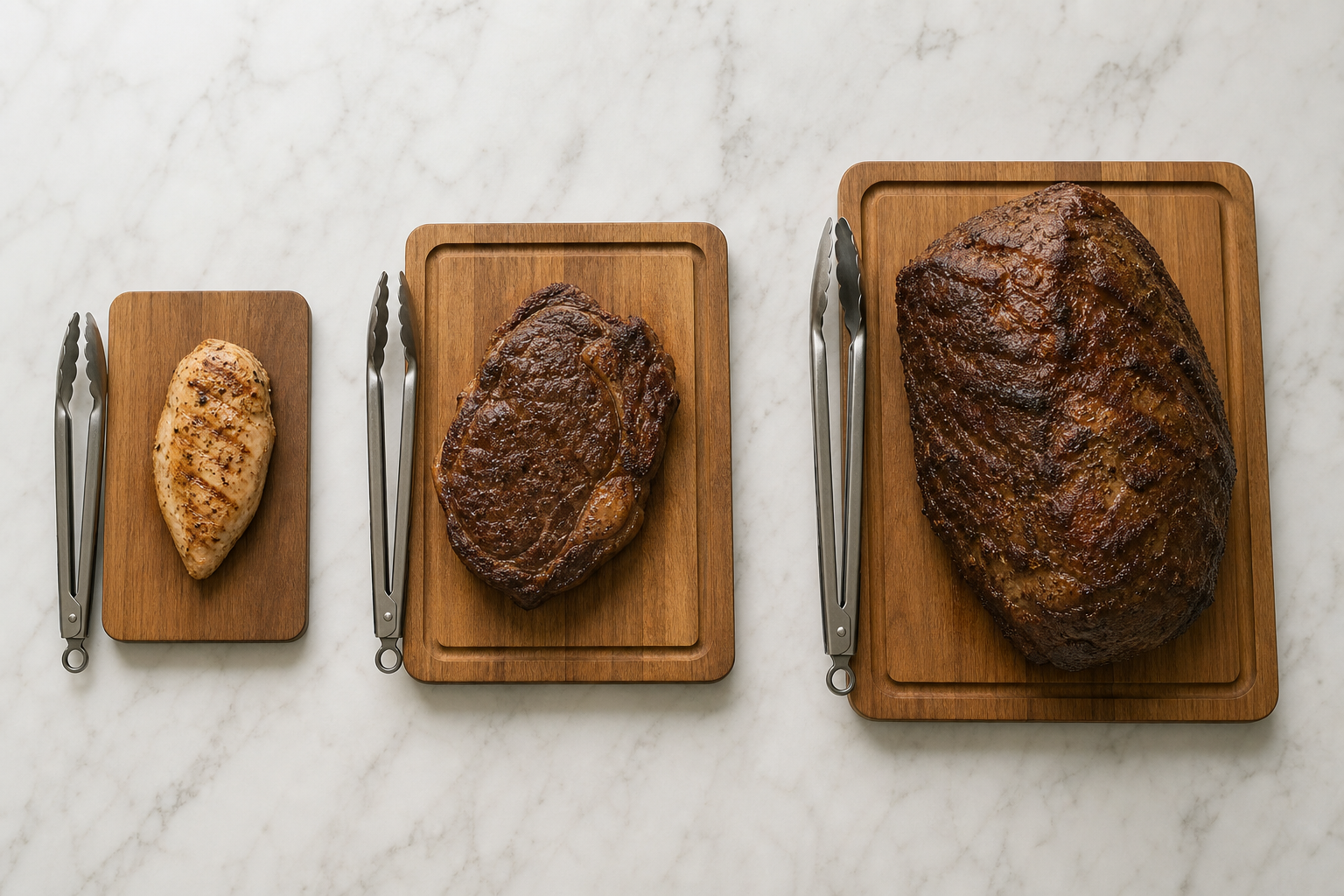 Three different sizes of cooked meat showing scale comparison for rest times