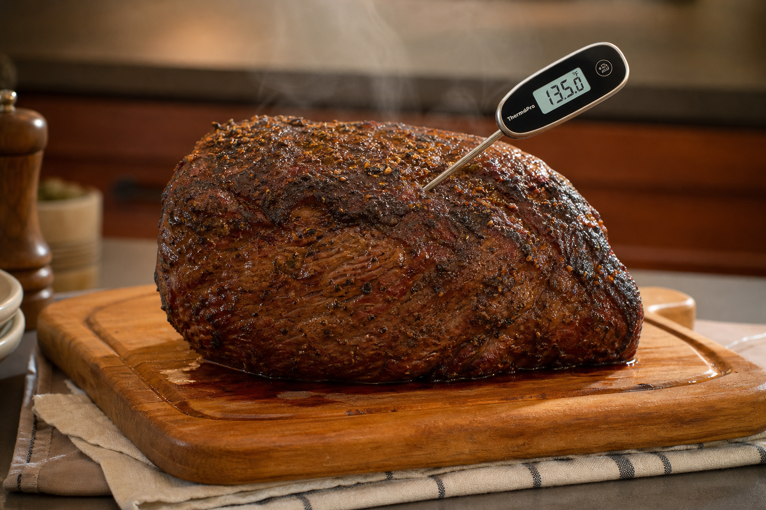 Why Is My Roast Beef Stringy? Cut Selection & Temperature Guide 11 Cooked roast beef resting on cutting board with meat thermometer inserted