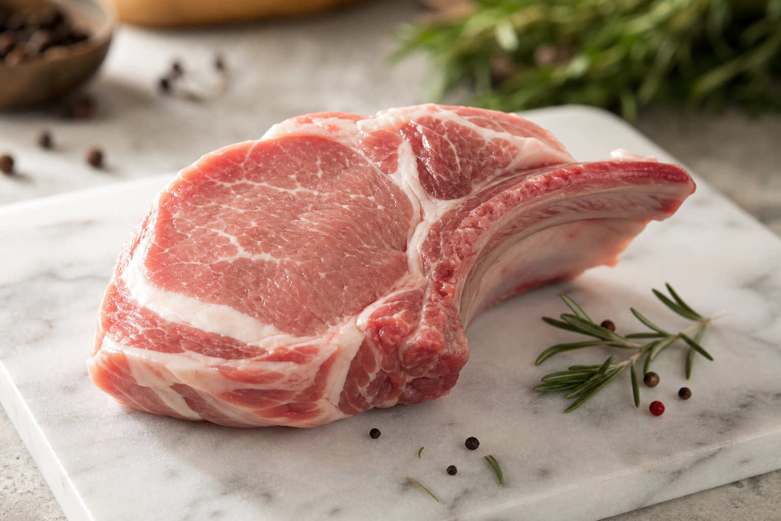 Raw rib chop pork cut with curved bone on white marble surface