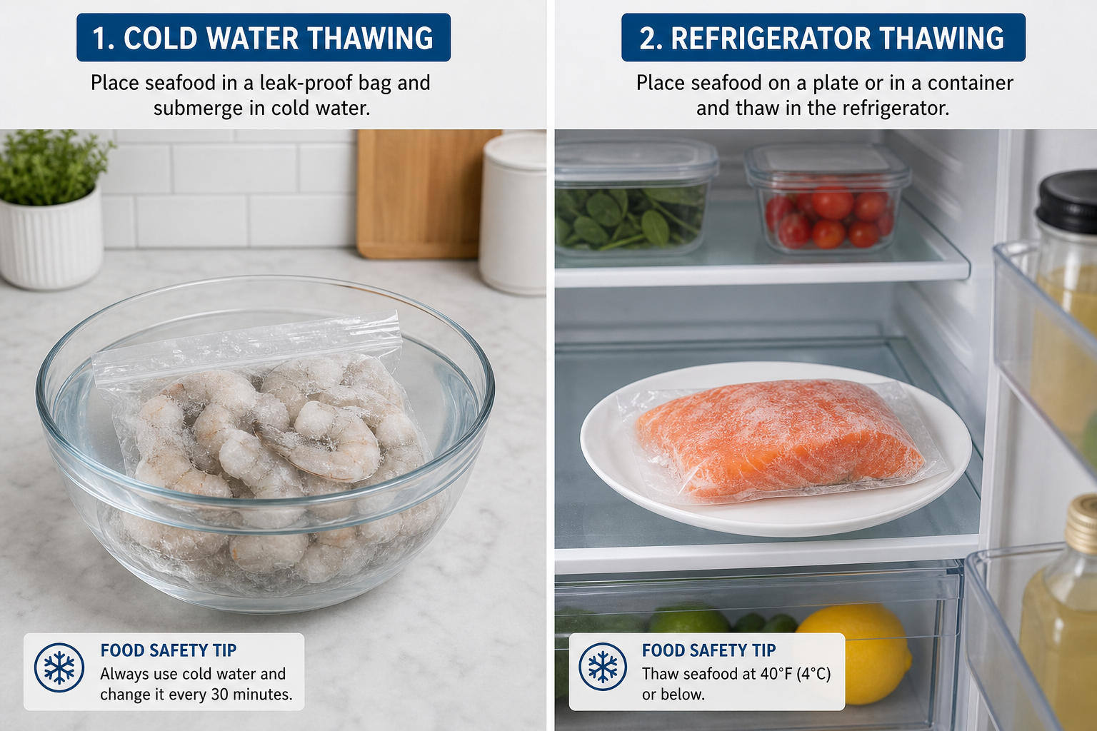 How to Freeze Seafood Correctly: Fish, Shrimp, Salmon & Scallops 9 Seafood thawing safely in cold water and refrigerator