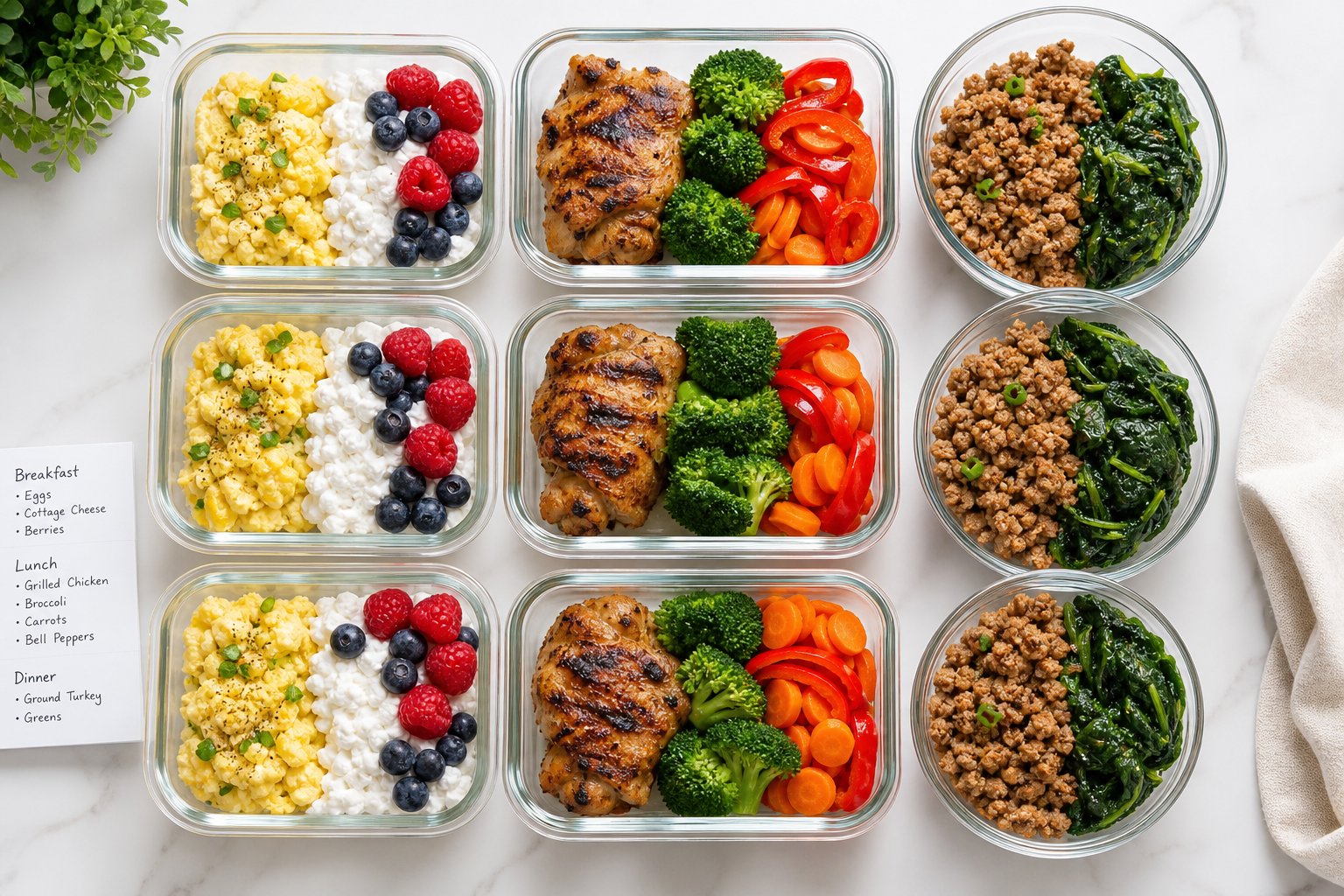 Full day of budget-friendly high-protein meals in meal prep containers