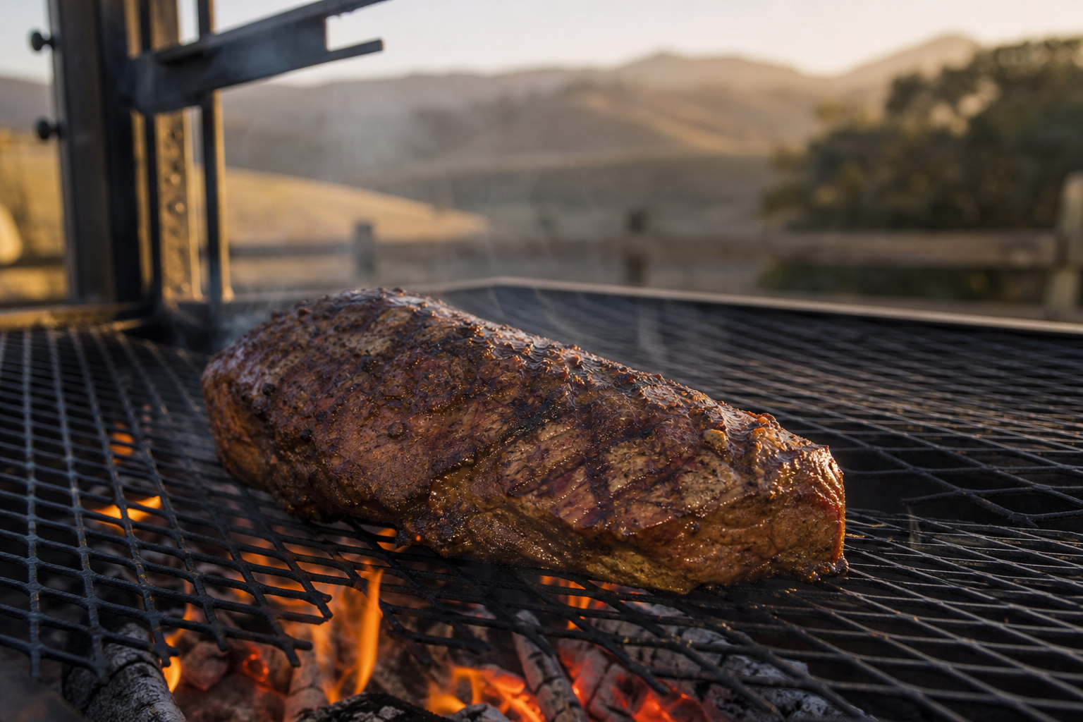 Tri-Tip Steak Guide: Price, Cut Quality & Santa Maria Cooking 7 Tri-tip steak grilling over open flames Santa Maria style on outdoor grill