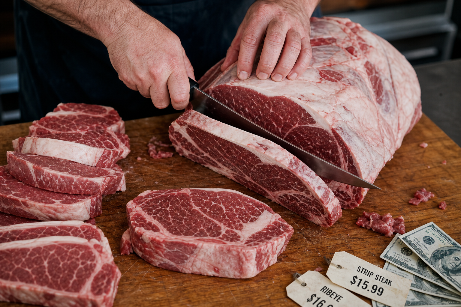 How to Use Grocery Store Butcher Counter Services to Save Money 8 Butcher cutting large meat portion into custom smaller cuts
