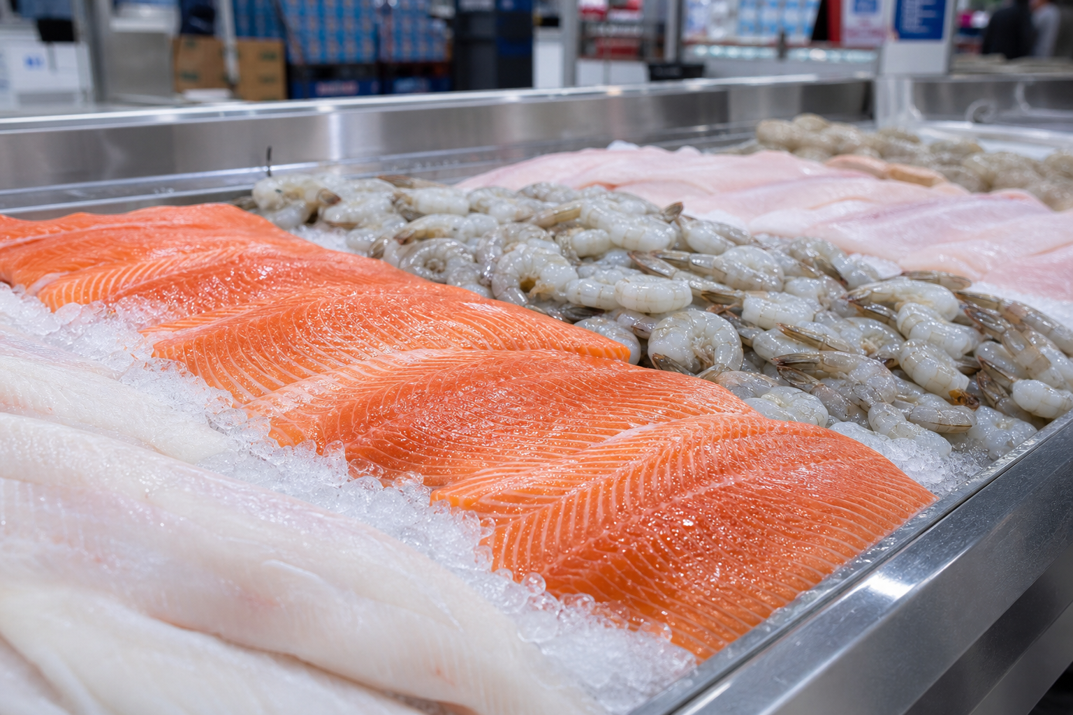 Fresh salmon, shrimp, and fish fillets displayed on ice in warehouse store seafood section