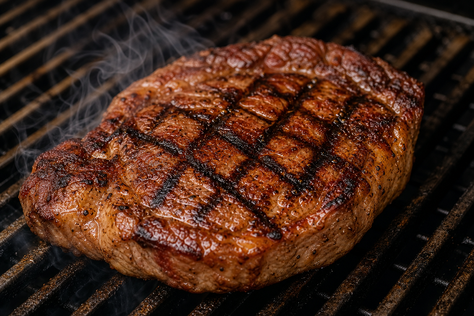 Ribeye steak with perfect sear marks on pellet grill grates