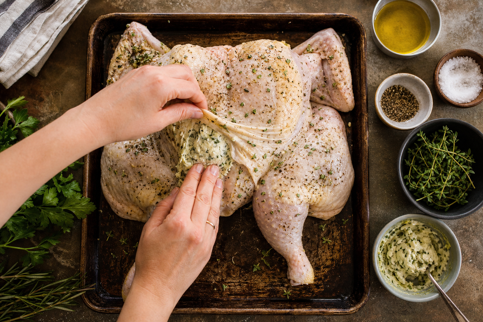 Seasoning a flattened spatchcocked chicken with herbs and spices