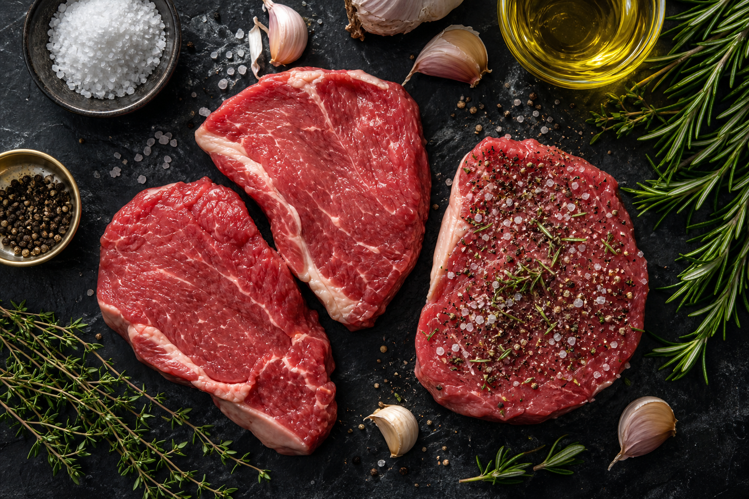 Raw budget steaks with various seasonings including salt, pepper, herbs, and garlic arranged around them