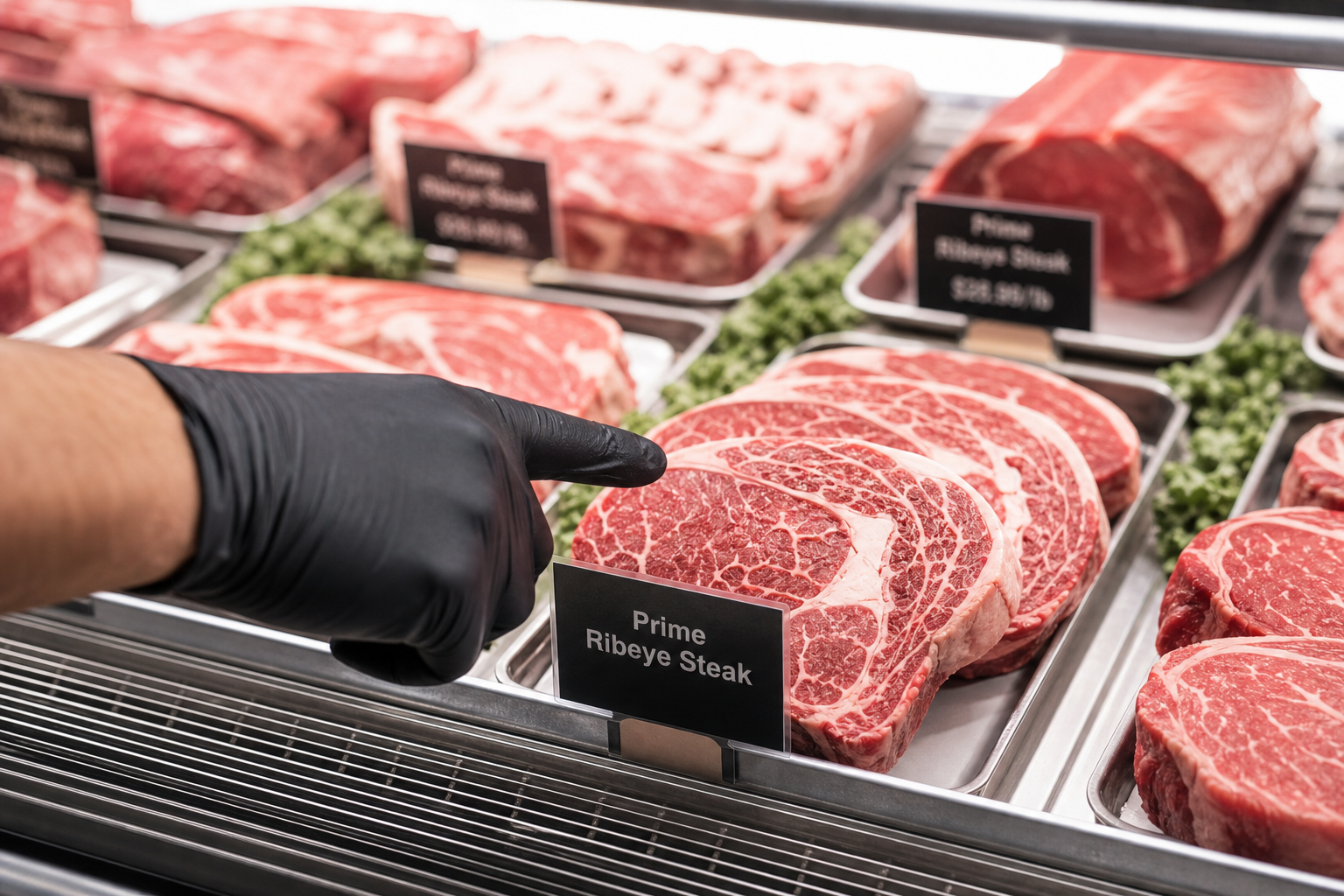 USDA Prime vs Choice Beef: When the Upgrade Is Worth It 11 Butcher's hand selecting Prime beef at a meat counter display case