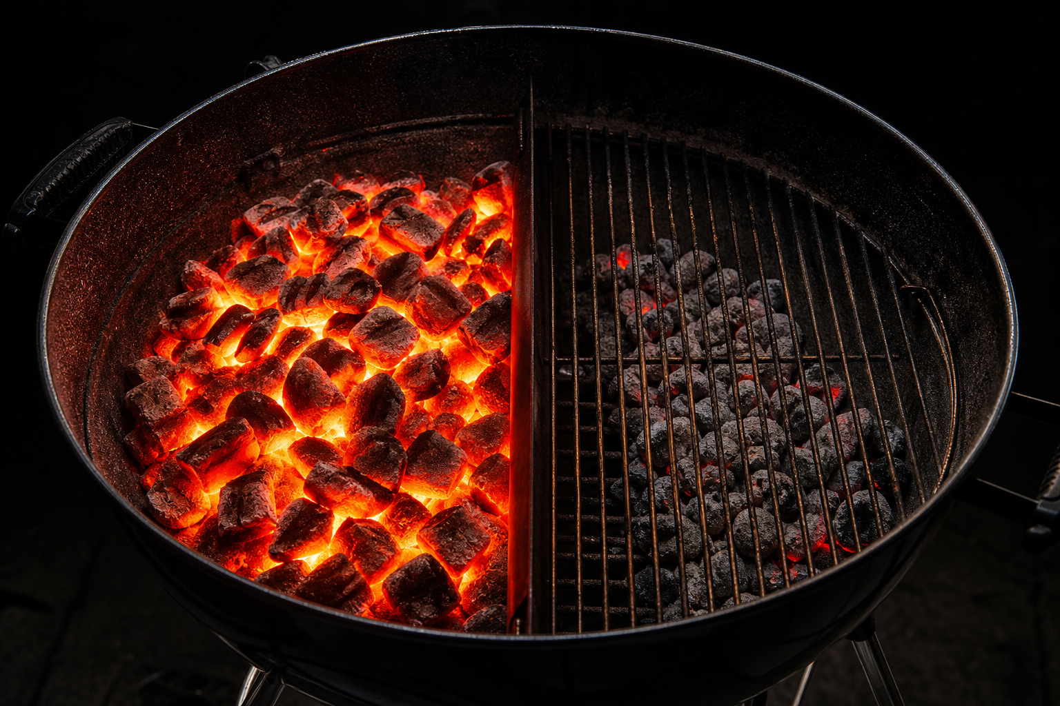 Two-zone fire setup in a charcoal grill with hot and cool zones