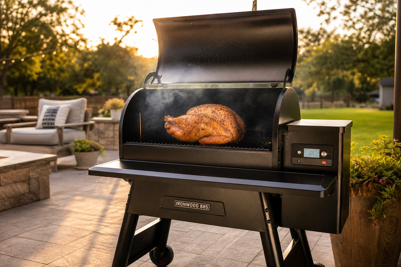 How to Smoke a Turkey on a Pellet Grill (Crispy Skin Guide) 11 Turkey smoking on pellet grill with smoke rising on outdoor patio