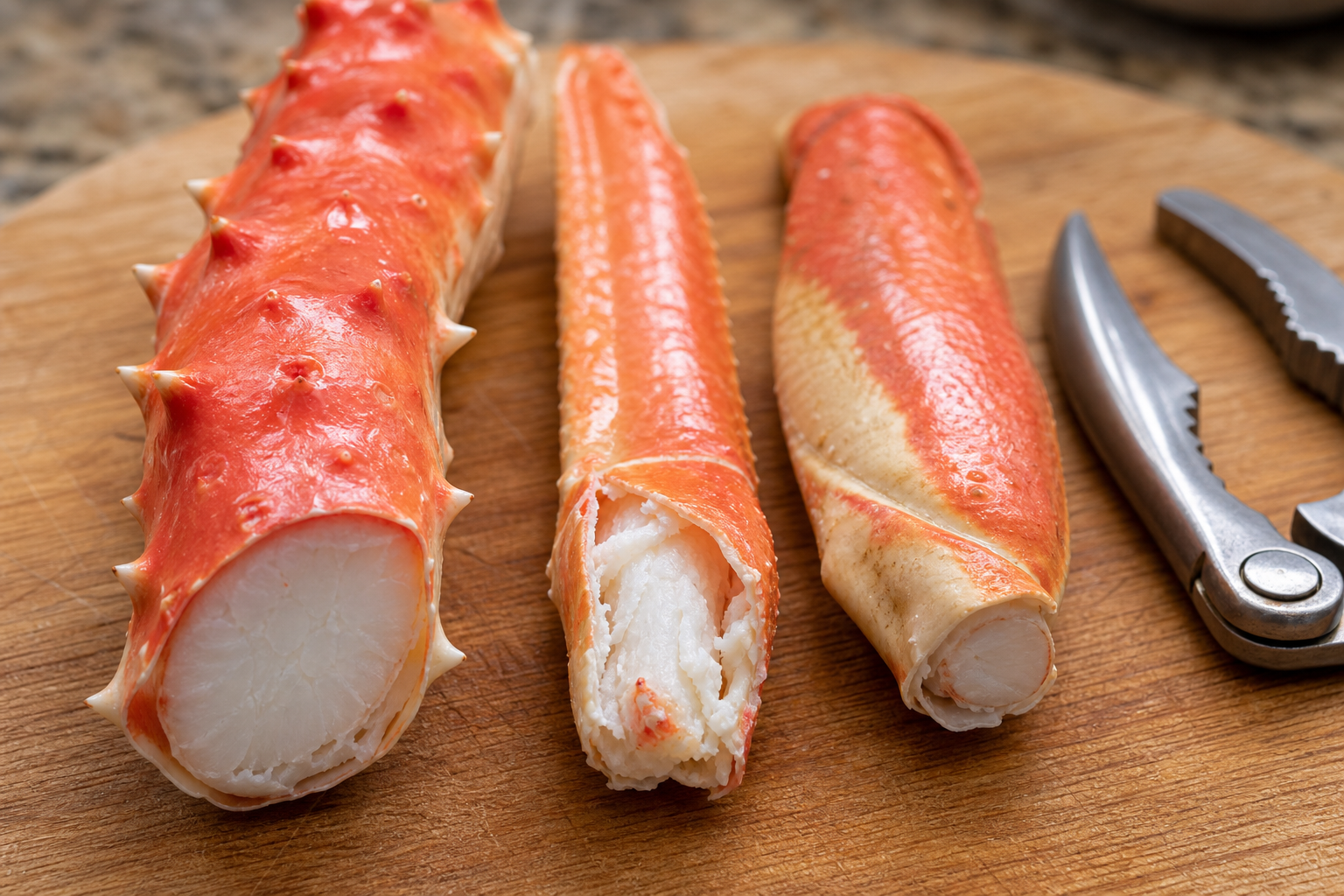 Close-up comparison of king crab, snow crab, and Dungeness crab shells showing thickness and hardness differences