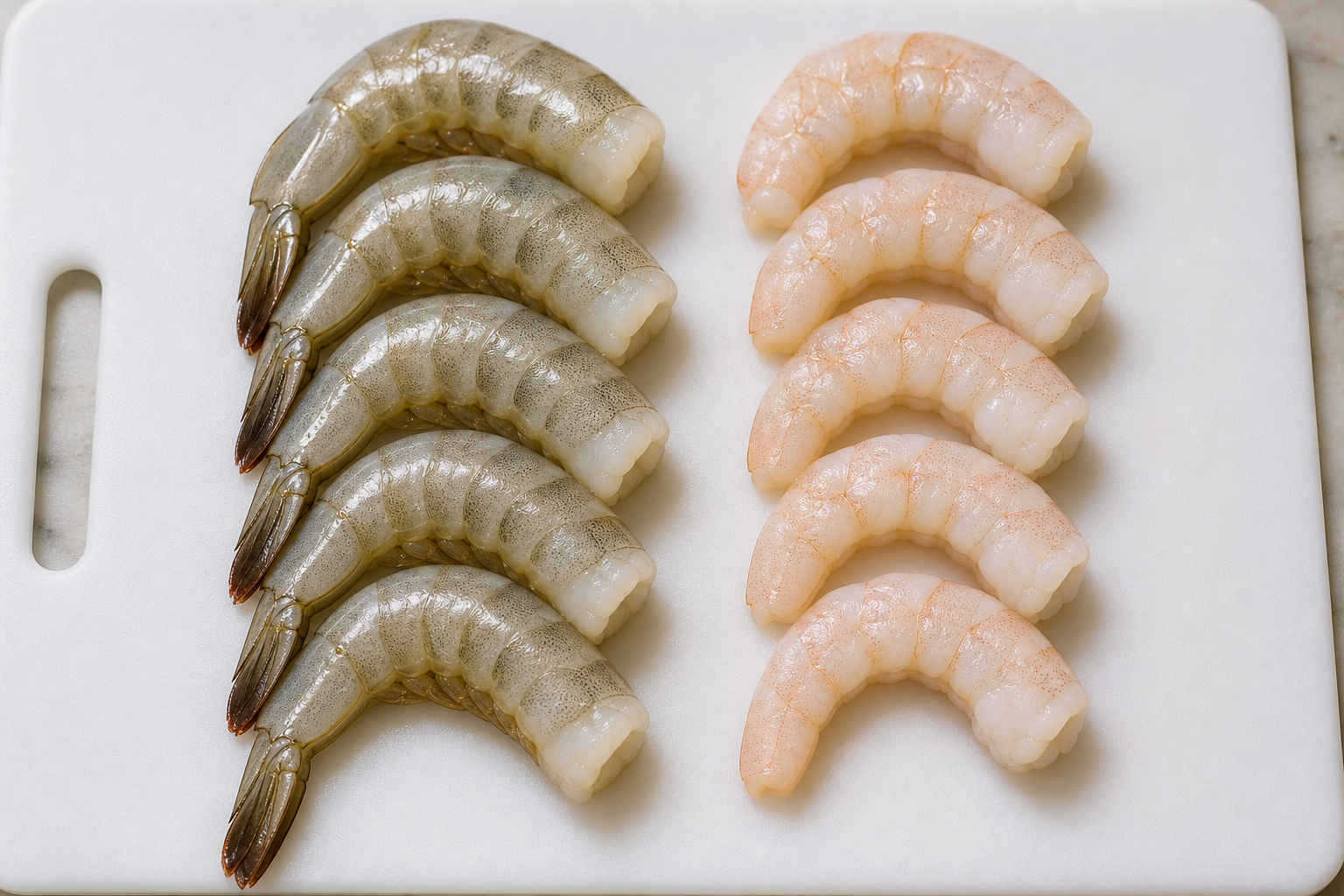 Comparison of shell-on shrimp next to peeled and deveined shrimp of the same size