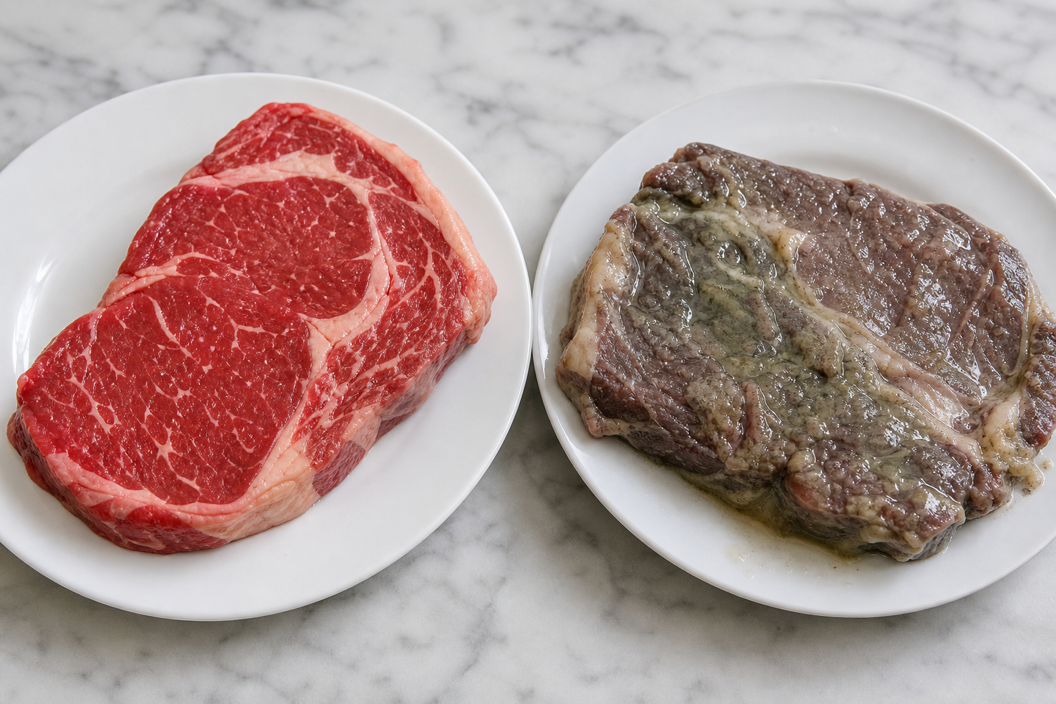 Side-by-side comparison of fresh meat versus spoiled meat showing visual differences