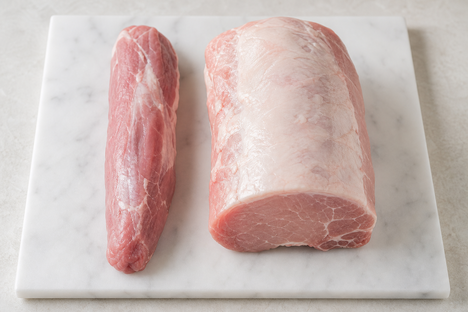 Side by side comparison of pork tenderloin and pork loin showing size and shape differences