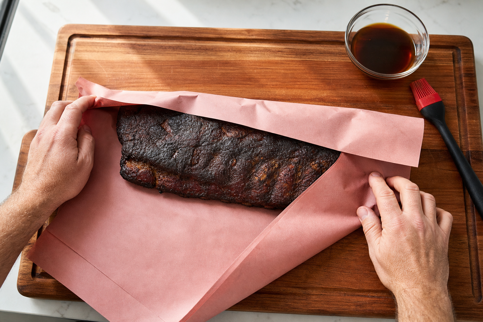Why Your Smoked Ribs Are Dry and Tight (And How to Fix It) 10 Pork ribs being wrapped in pink butcher paper during the smoking process